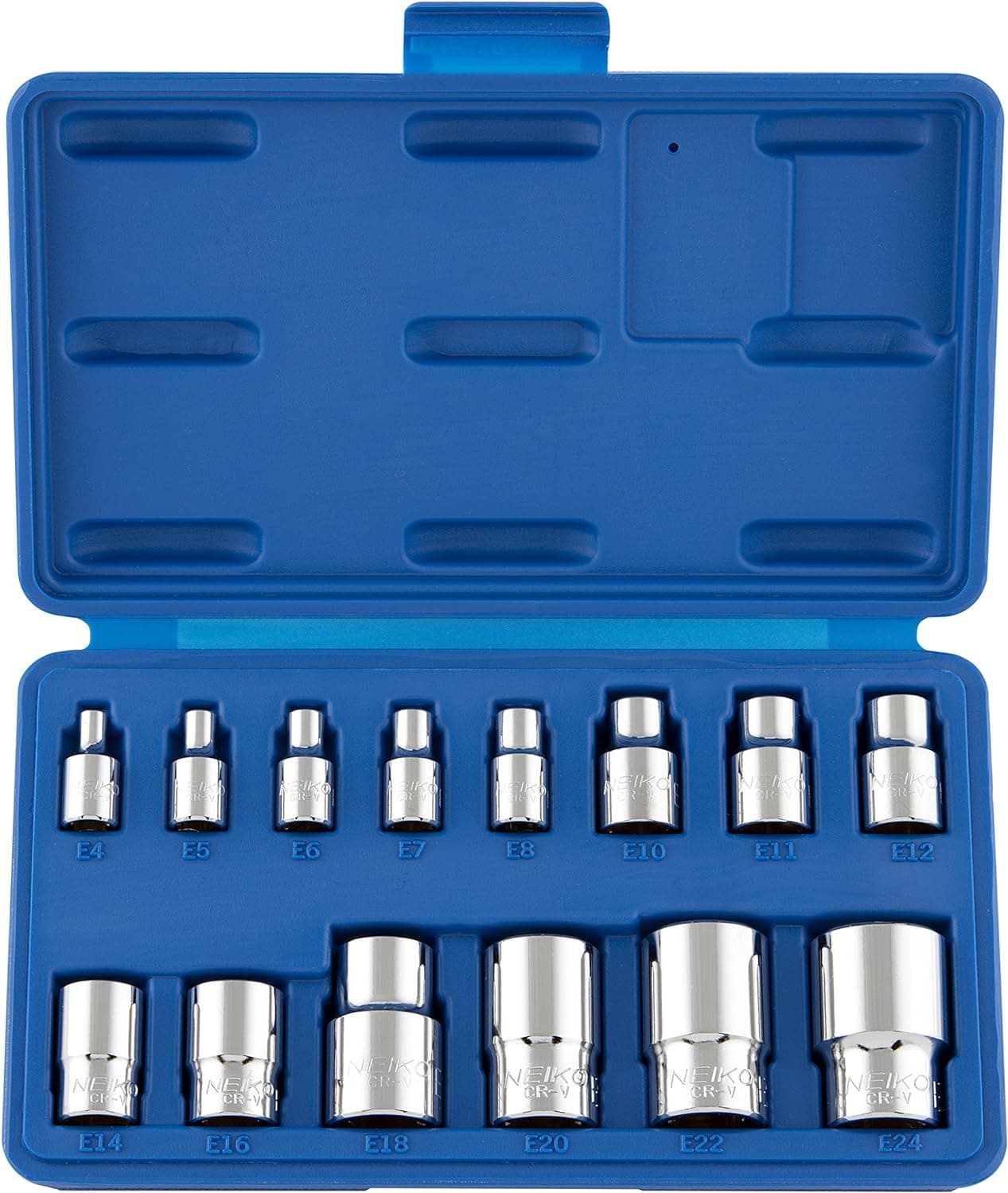NEIKO 04300A E-Torx Socket Set, 14 Piece, External Torx Socket, E4 to E24, 1/4”, 3/8” and 1/2” Drive, Female Star External Torx, Inverted Torx Socket Set, Cr-V Steel