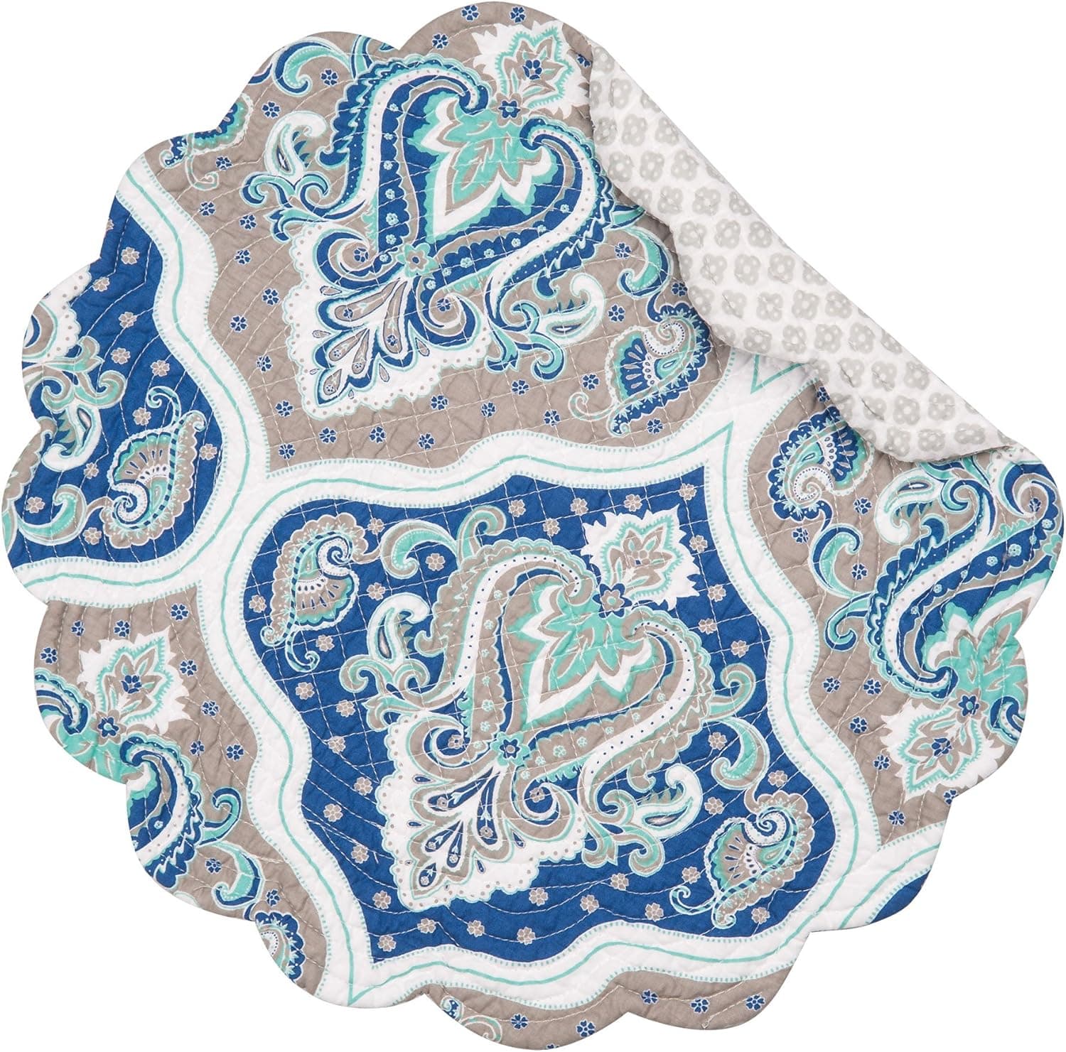 C&F Home Renee Cotton Quilted Round Reversible Machine Washable Placemat Set of 6 Round Placemat Set of 6 Blue
