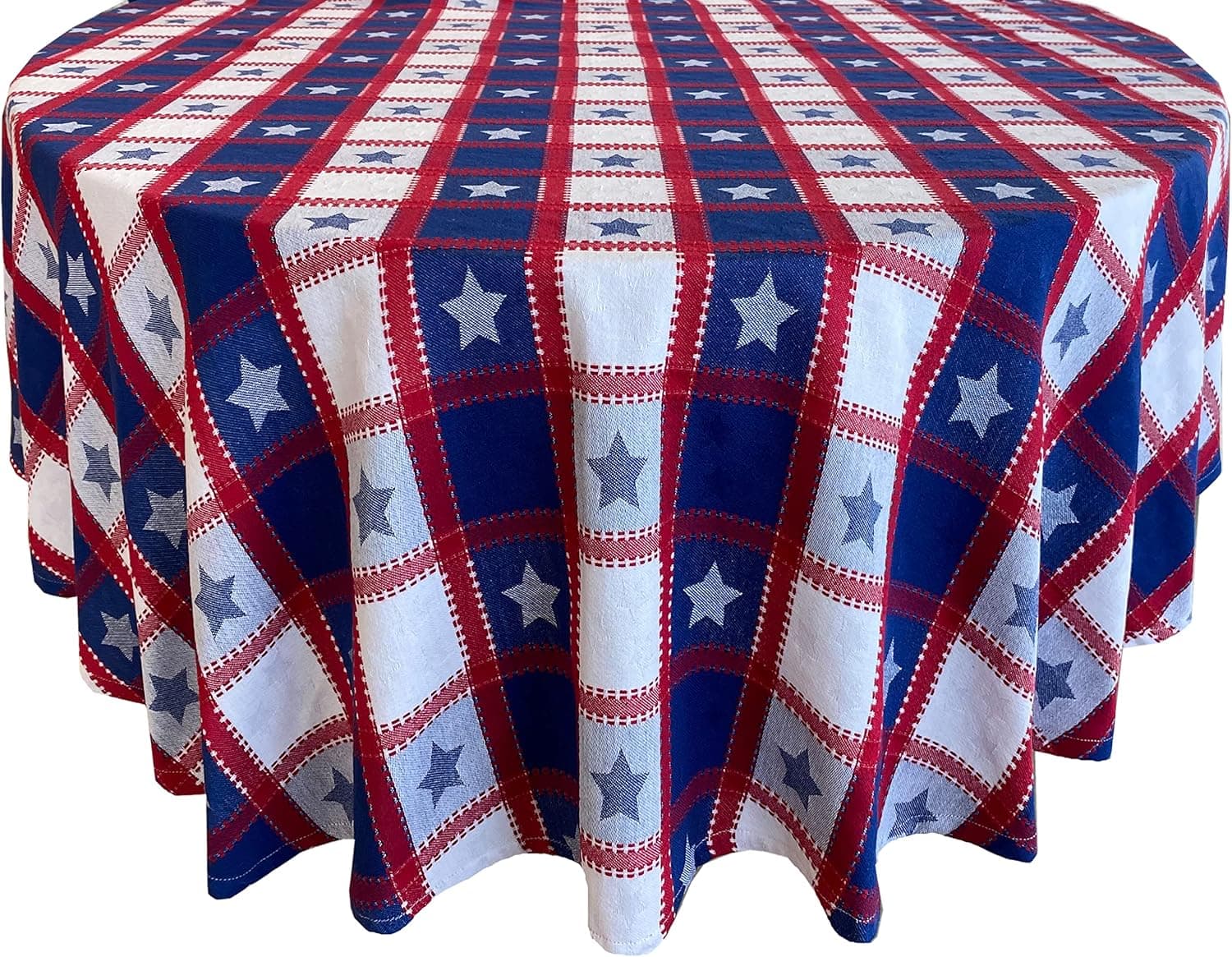 Newbridge American Cottage Star Check Cotton Weave Fabric Tablecloth, Patriotic Star Red, White and Blue Dining, Kitchen, Picnic and Patio Tablecloth, 70" Round