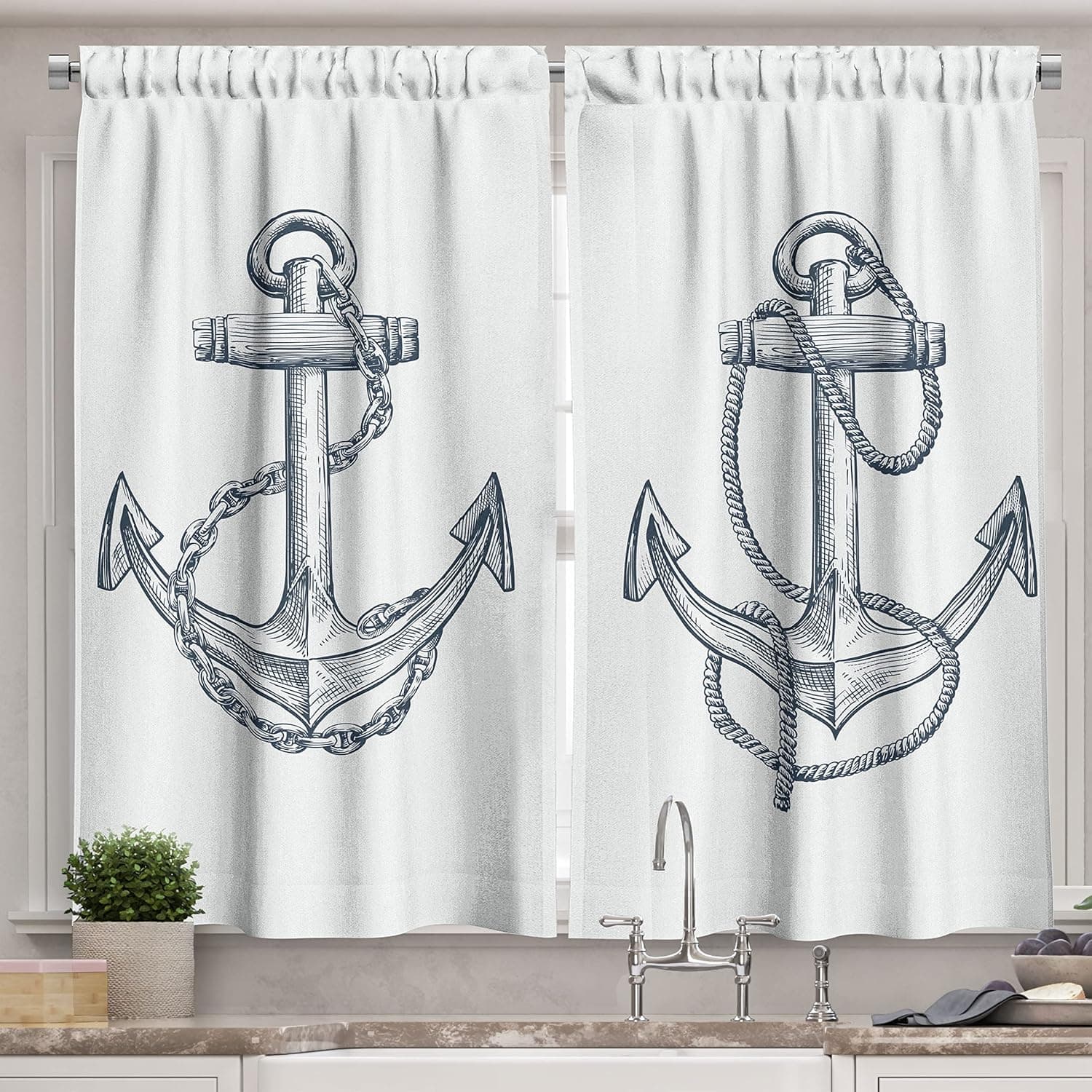 Ambesonne Anchor Long Kitchen Curtains, Vintage Sketch Nautical Element Ship Sailing Travel Theme Chain, Two Panels Drapes with Rod Pocket Room Decor, 55" X 45", Teal White
