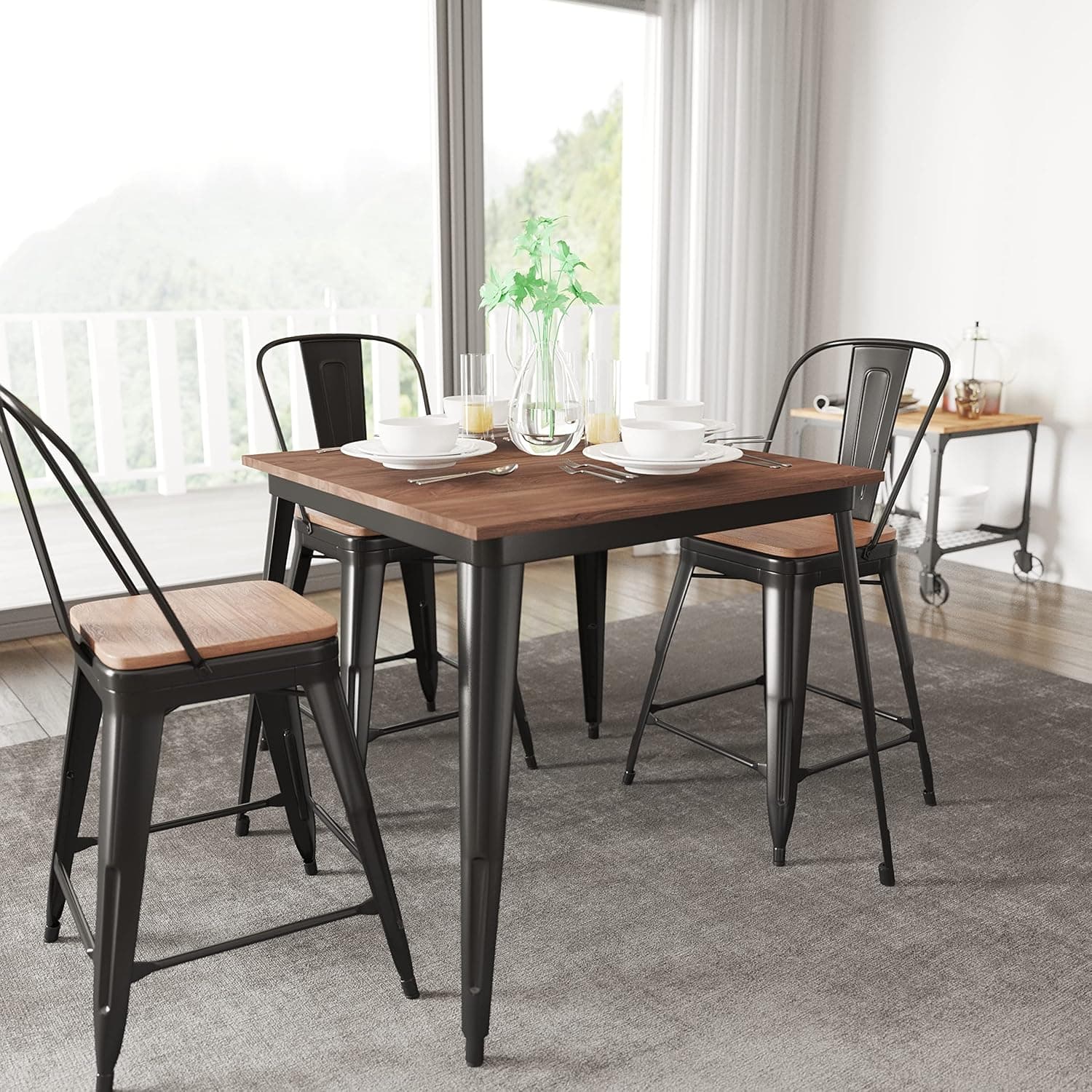 Taylor + Logan 31.5 Inch Square Metal Indoor Table with Walnut Rustic Wood Top, Black