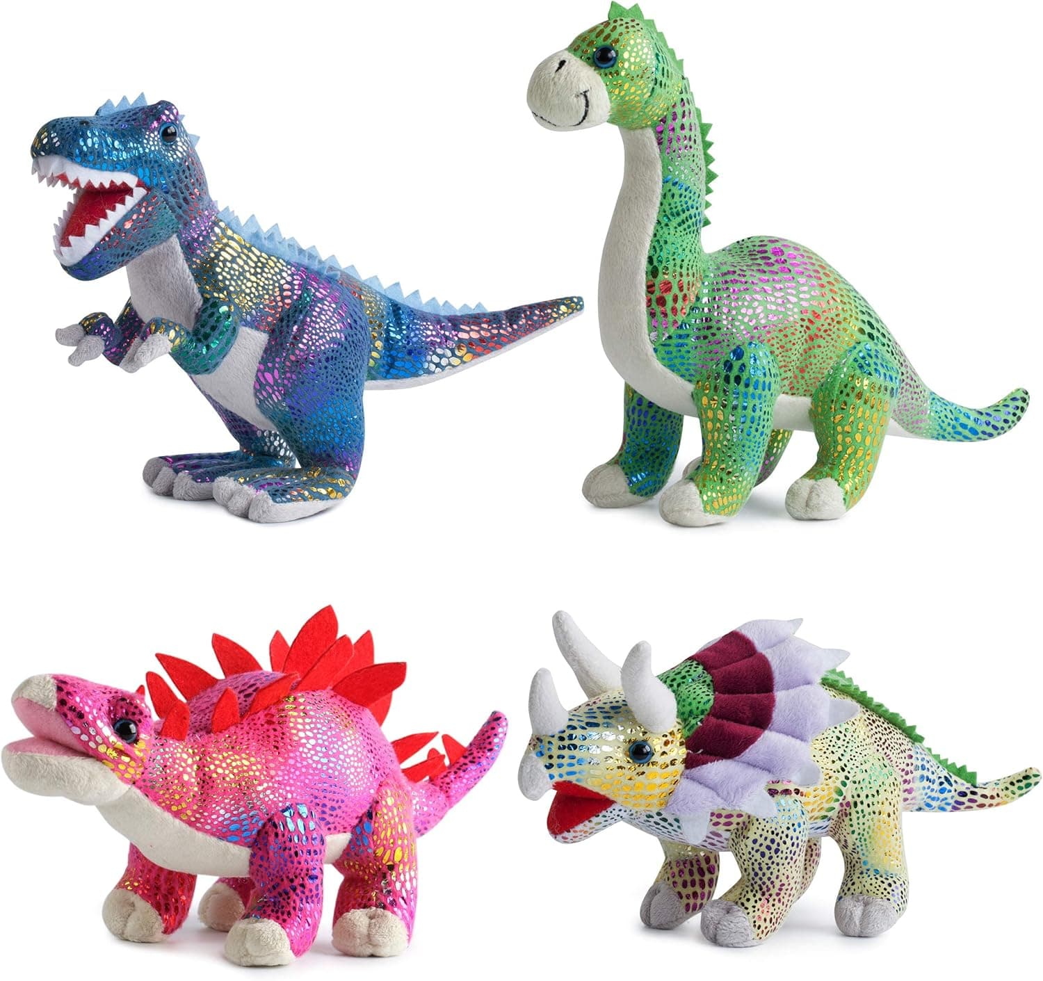 BUILD ME Plush Dinosaur Stuffed Animal Set of 4 Soft Dinosaurs, 12" Stuffed Dinosaur Set Includes T-Rex Brachiosaurus Stegosaurus and Triceratops Toys for Boys
