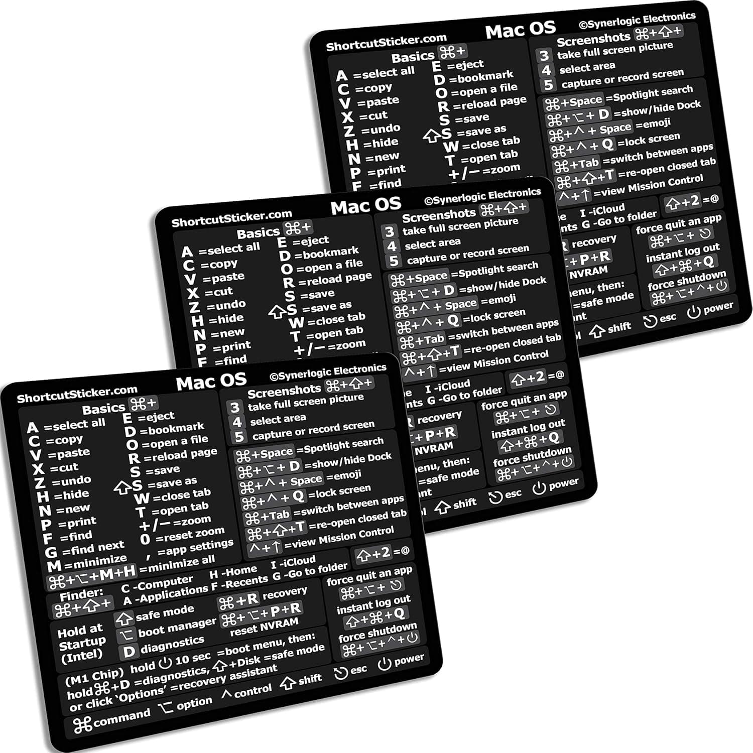SYNERLOGIC (3-Pack) M1+Intel Mac OS (Monterey/Big Sur/Catalina/Mojave/High Sierra) Reference Keyboard Shortcut Sticker - Black Vinyl, No-Residue Adhesive, for 13-16 inch MacBook Air/Pro