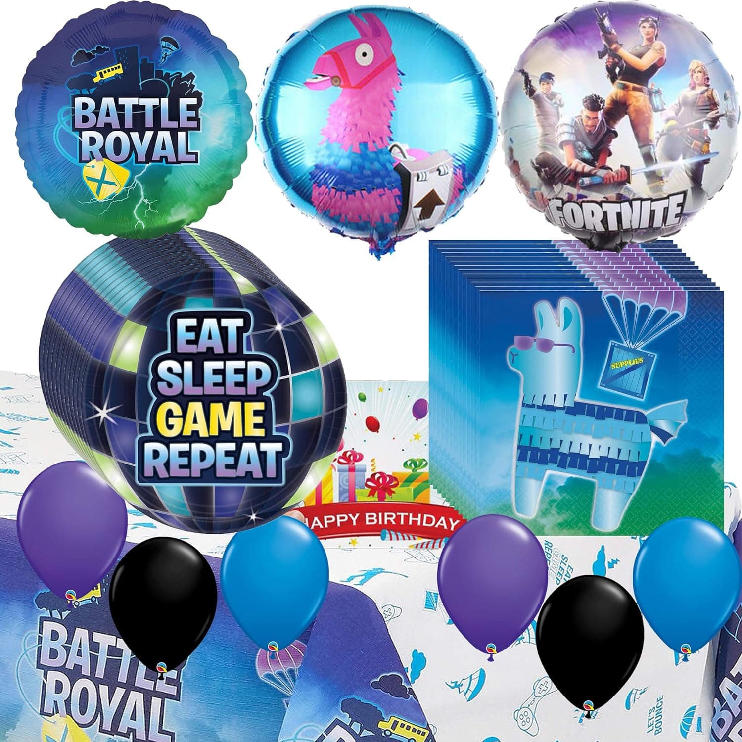 Battle Royal Party Supplies Video Game Gaming Llama Plates Napkins Table Cover Balloons Bundle