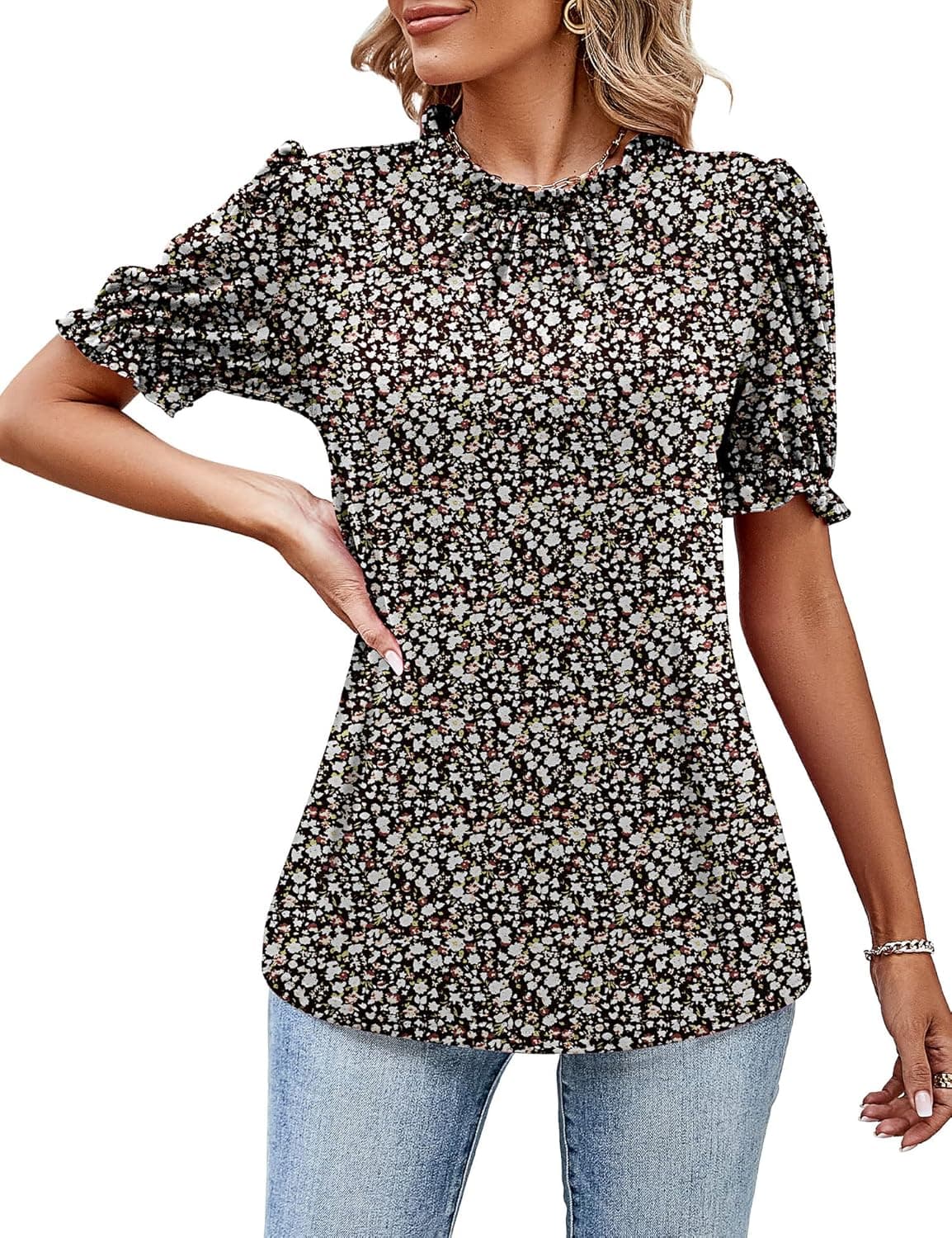 Ficerd Women's Short Ruffle Puff Sleeve Crewneck Blouses Frill Mock Neck Casual Tunic Dressy Tops Keyhole Back Loose Shirts