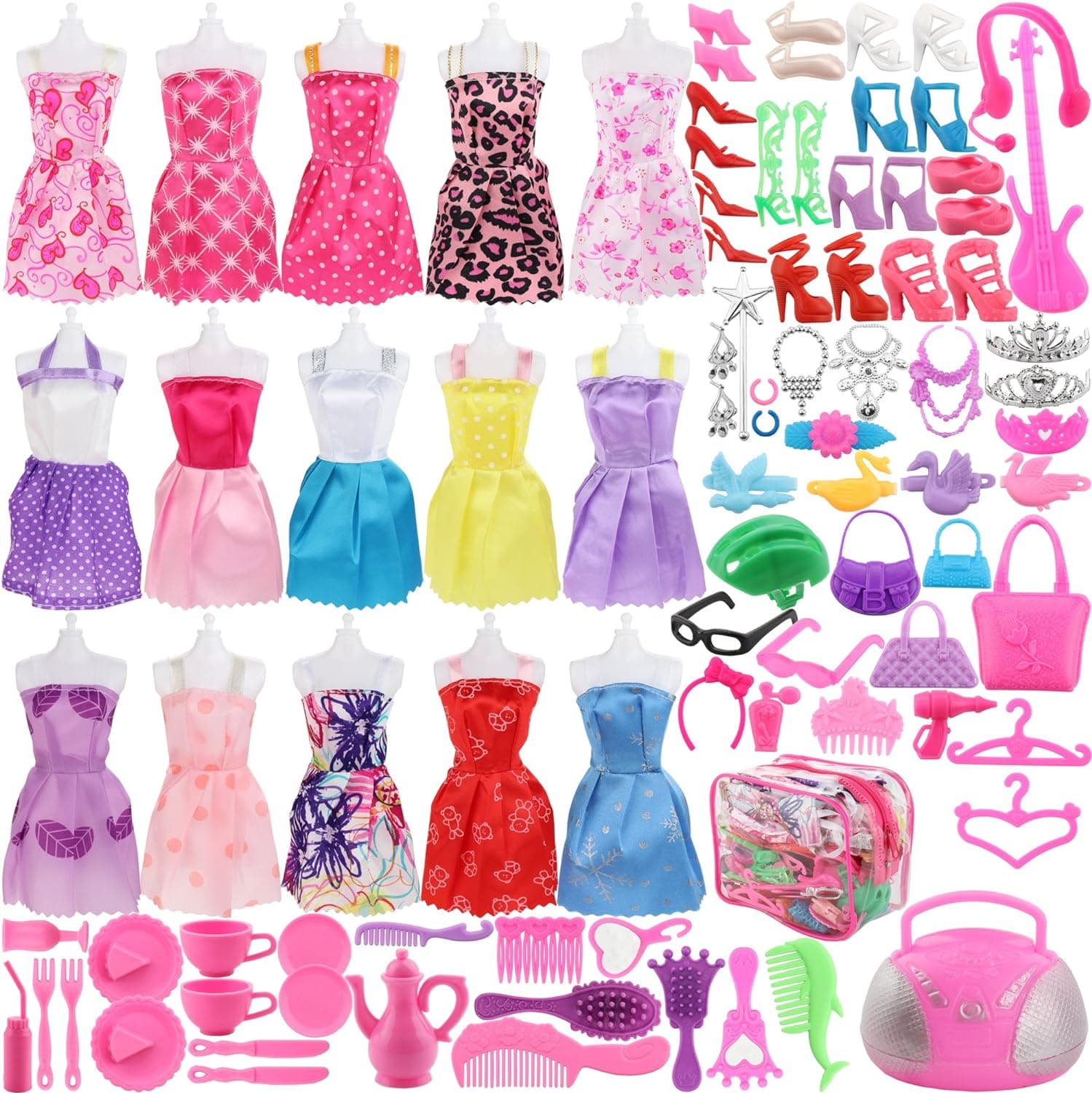 SOTOGO 106 Pieces Doll Clothes and Accessories for 11.5 Inch Girl Doll Include 15 Sets Doll Outfits Fashion Doll Dresses Party Doll Gowns, 90 Pieces Doll Accessories and Storage Bag