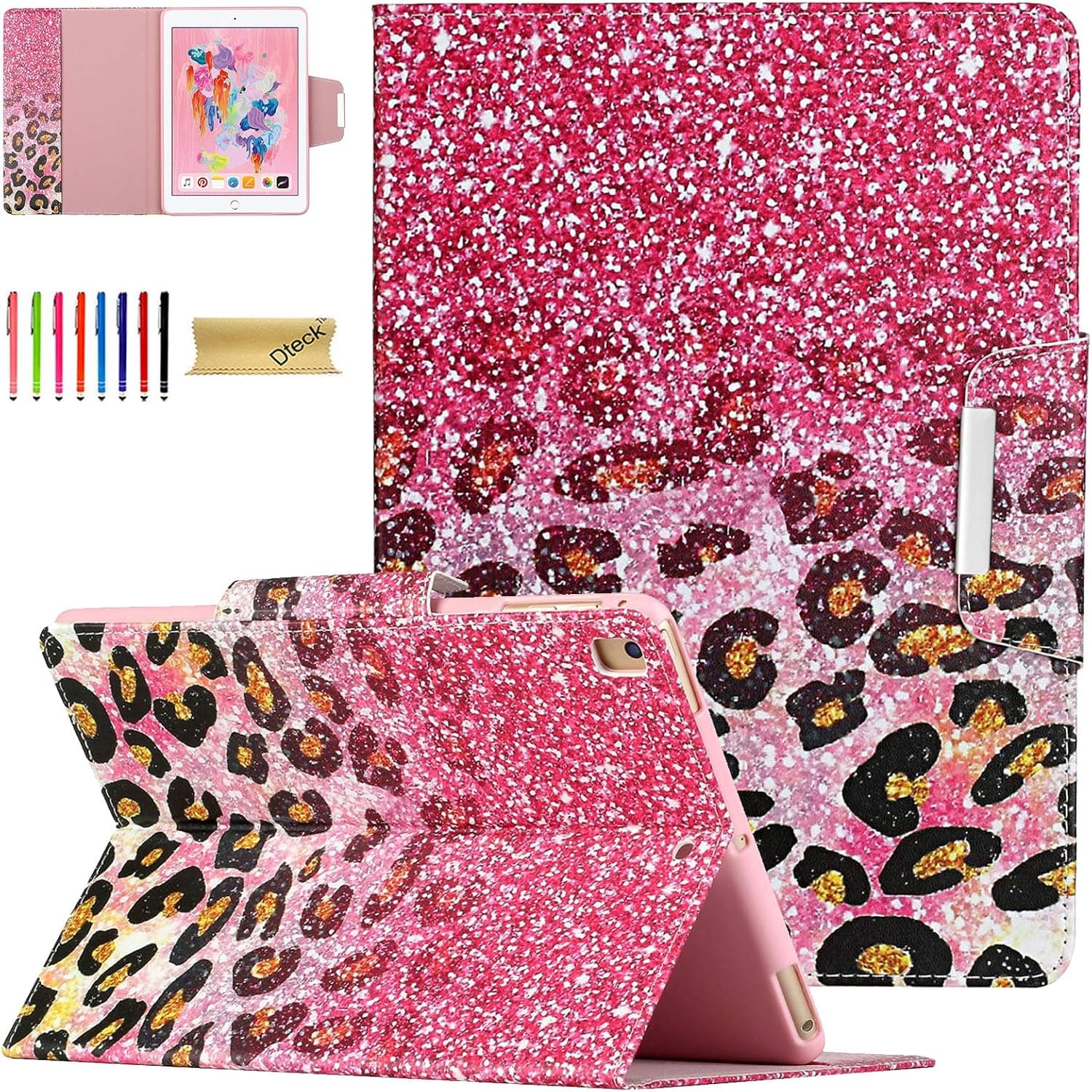 Dteck Case for iPad 5th Generation 9.7"/iPad 6th Generation Case, Book Cover Slim PU Leather Stand Case with Wake/Sleep Smart Cover for Apple iPad Air 1 2/iPad 9.7 2018/2017, Pink Leopard