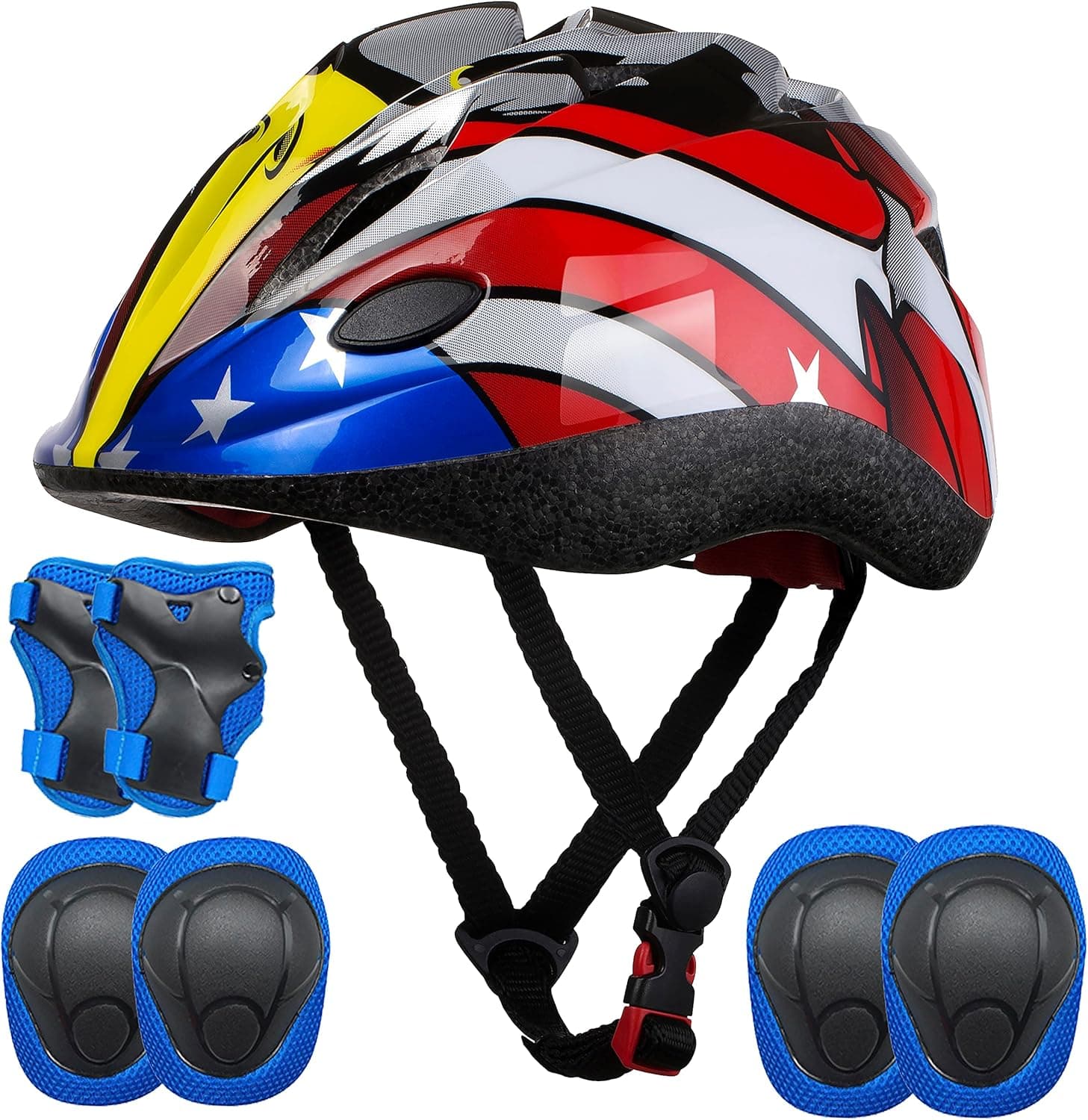 Lamsion Kids Helmet Adjustable with Sports Protective Gear Set Knee Elbow Wrist Pads for Toddler Ages 4 to 10 Years Old Boys Girls Cycling Skating Scooter Helmet
