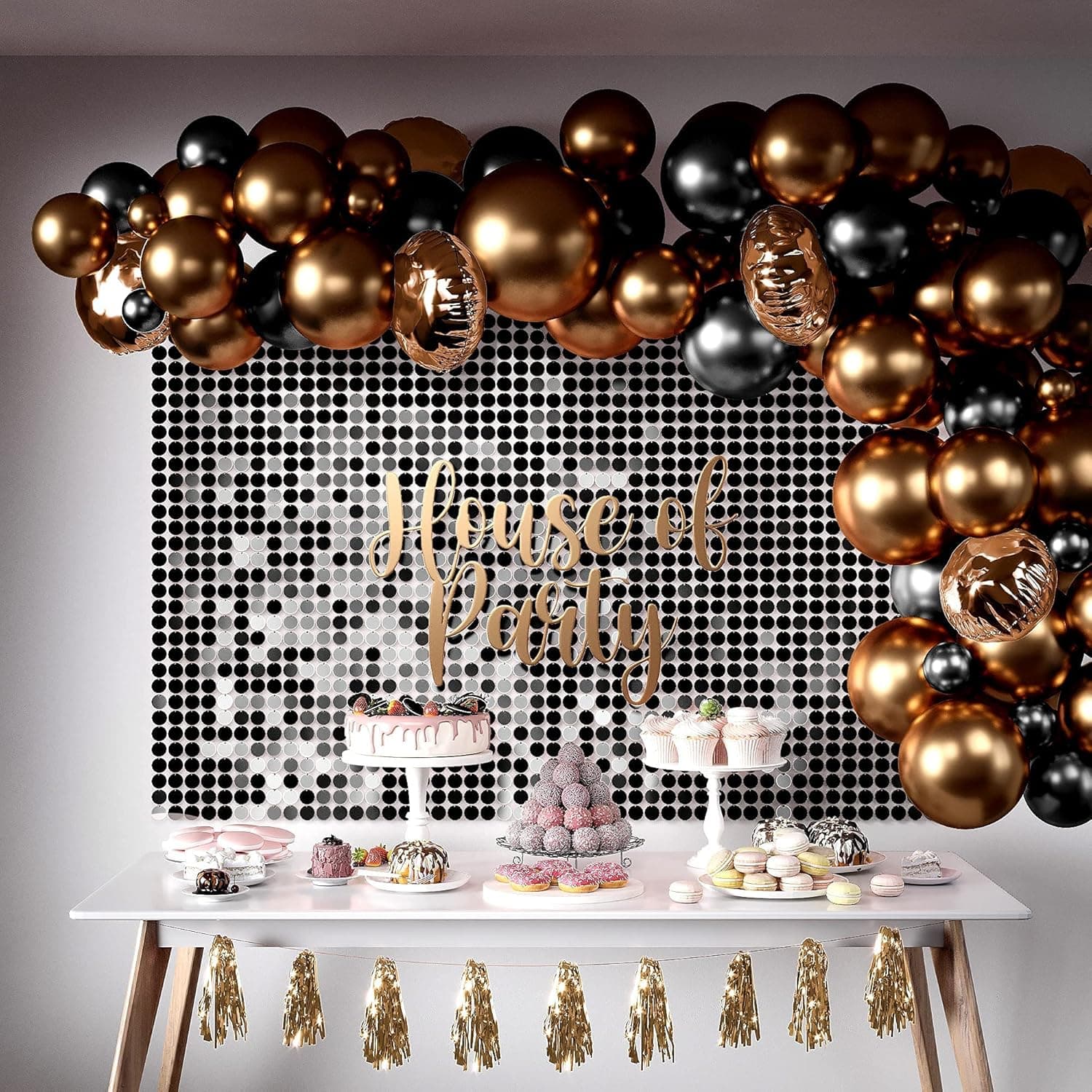 HOUSE OF PARTY Black Shimmer Wall Backdrop - 12 Panels Round Sequin Shimmer Backdrop for Birthday Decorations | Wedding, Graduation & Bachelor Party Supplies