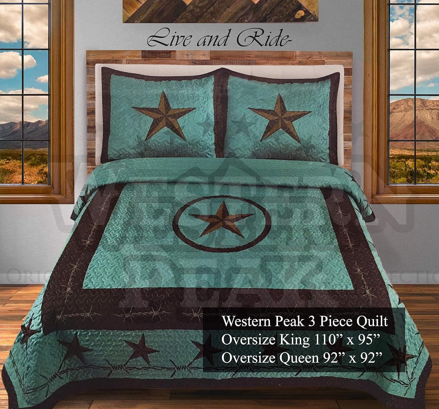 Western Peak Texas Star Horse Western Style 3 Piece Quilt Set Bedspread (Turquoise Star, Queen)
