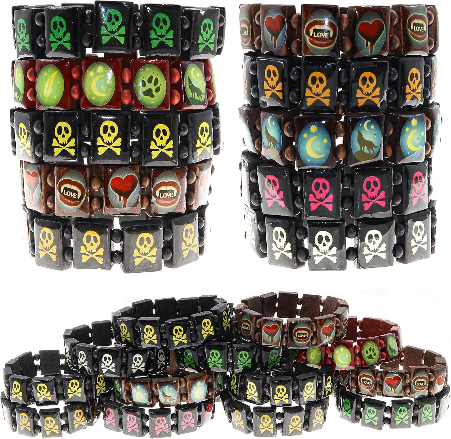 Halloween Party Favors for Kids, Teens, Adults - 12 PCs Skull Beads Bracelets - Multicolored Skulls - Stretch Bracelet Set for Parties, Trick or Treat, Goodie Bags, Decorations and Birthdays