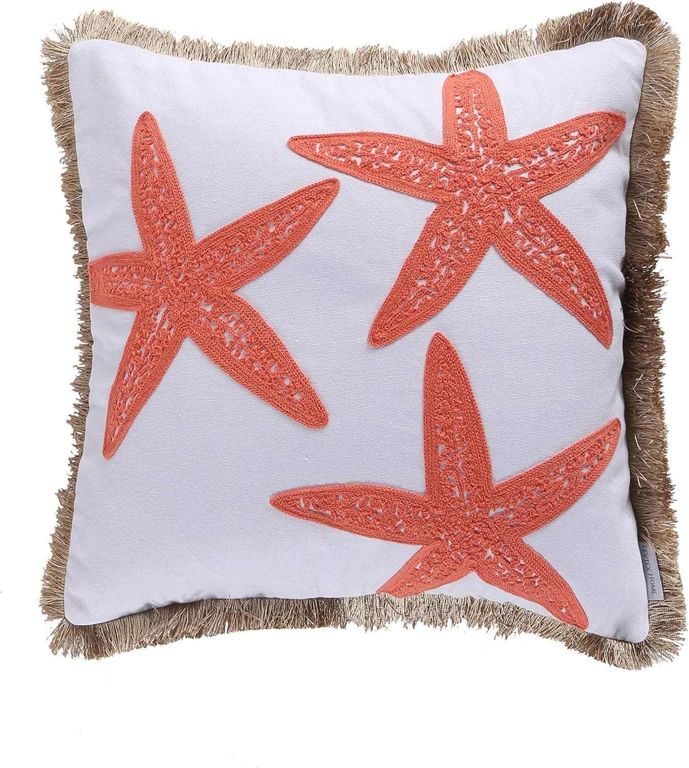 Levtex Home - Bakio - Decorative Pillow (18X18in.) - Embroidered Starfish in Coral and White - Coral and White with Taupe Fringe