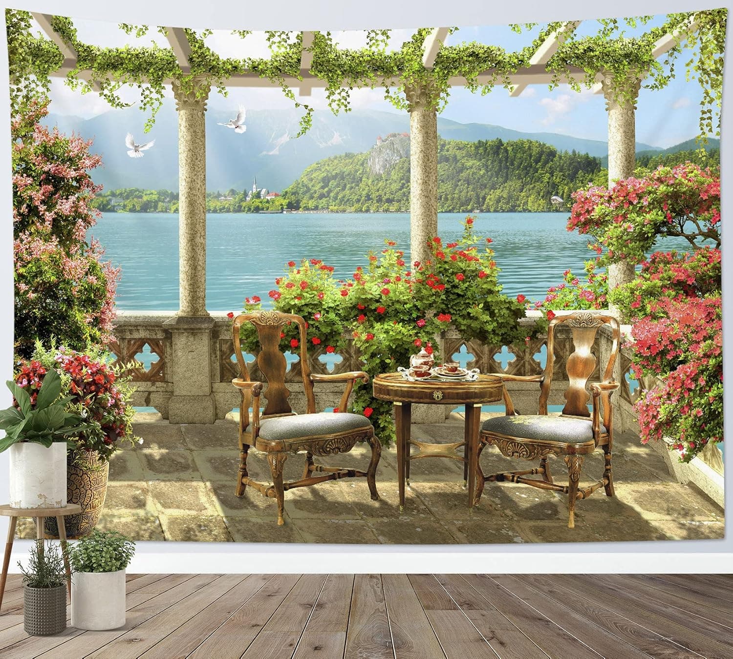 LB European Palace Garden Tapestry Lake and Mountain Scene out of Balcony Wall Hanging Tapestries Nature Scenery Poster Art for Living Room Bedroom Dorm Wall Decor, 78x60 Inches