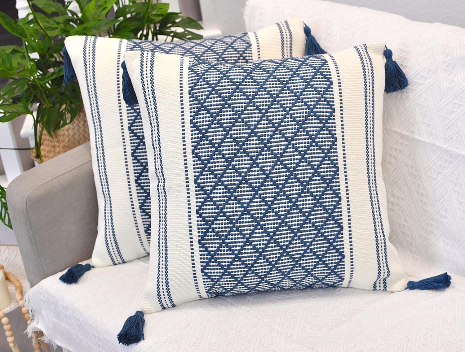 Boho Throw Pillow Covers with Tassels Navy Blue/Off White, 18x18 inch - Set of/Decorative Living Room Cushion Covers/Farmhouse Designer Woven Pillowcases/Modern Accent Cushion Covers
