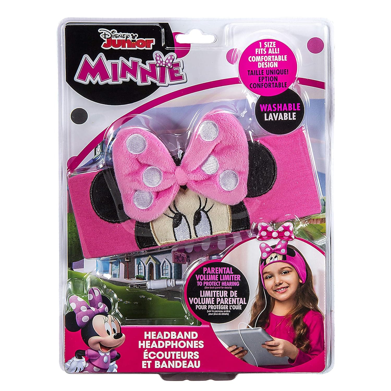 Minnie Mouse Headband Earphones for Girls & Toddlers| Comfy Cotton Headband, Cool, Cute, Pink Over-Ear Headphones for School, Home, Travel-iPad, Tablet, Computer| Volume Limiting, Thin Speakers