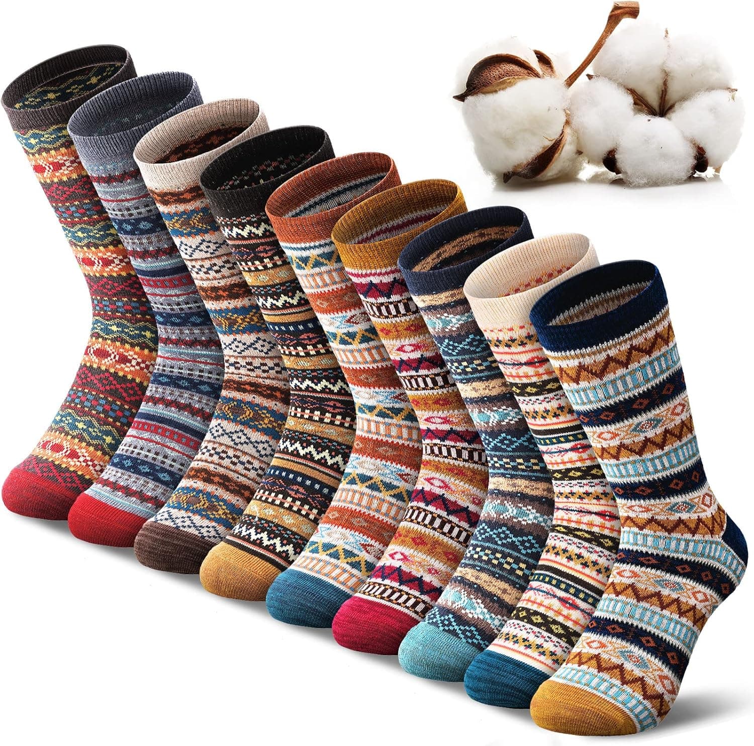9 Pairs Women Socks Warm Socks Winter Thick Wool Socks Birthday Christmas Gifts for Women Soft Casual Hiking Socks Boho Style (Vintage Style)