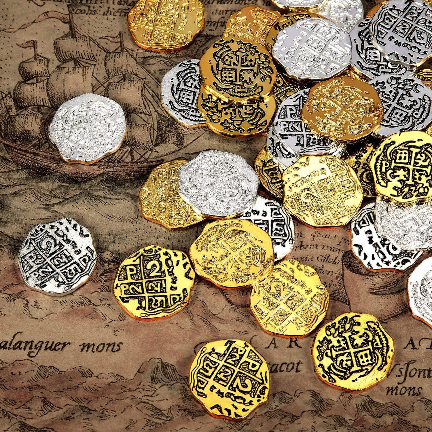 Hicarer 60 Pieces Metal Pirate Coins Spanish Doubloon Replicas Pirate Coin Treasure Coin Toys for Party Favor Decorations (Color Set 1, 60 Pieces)