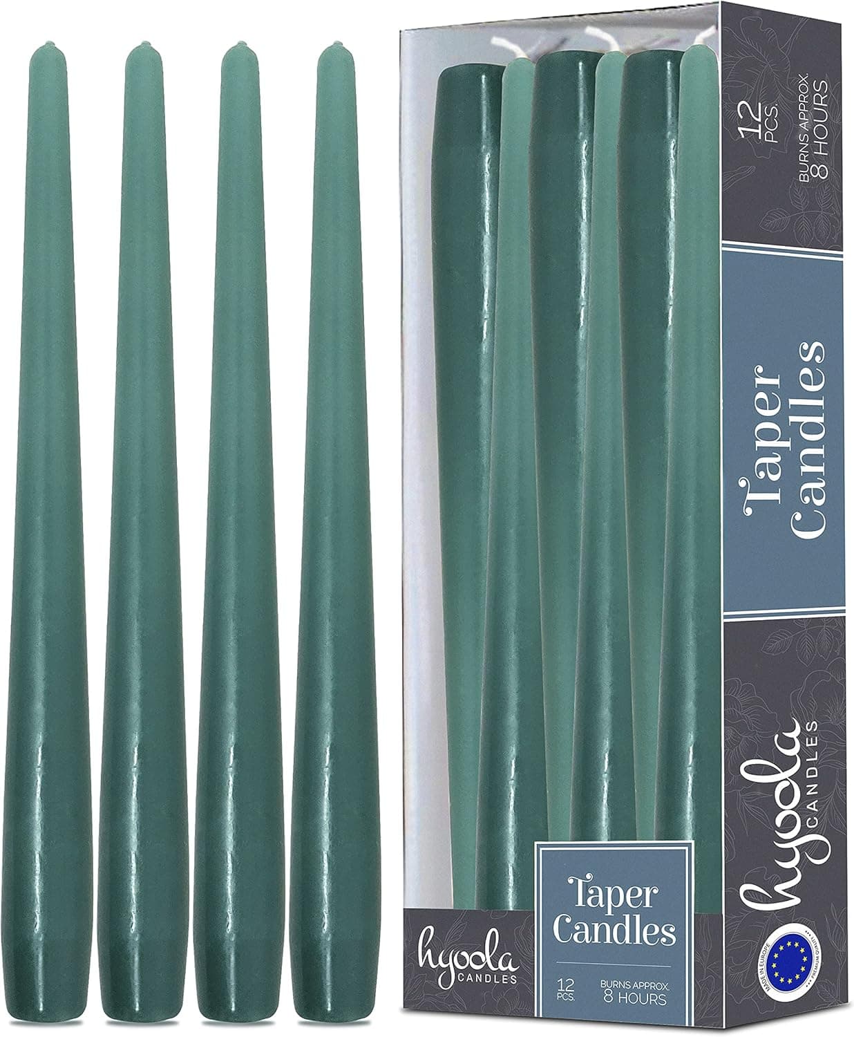 Hyoola Tall Taper Candles - 10 Inch Sage Green Unscented Dripless Taper Candles - 8 Hour Burn Time - 12 Pack