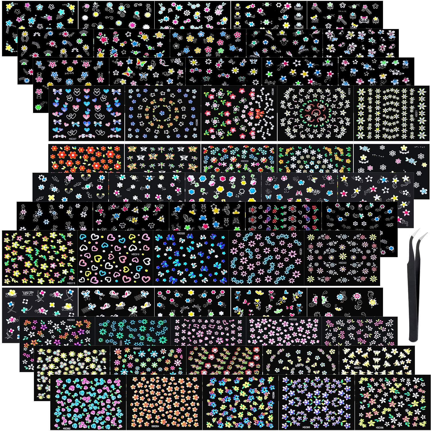 5000+ Pieces Nail Art Stickers 100 Sheets Flower Butterfly Leaf Nail Decal Stickers Adhesive 3D Nail Stickers with Tweezers for Women Girls DIY Nails Home Party Favors