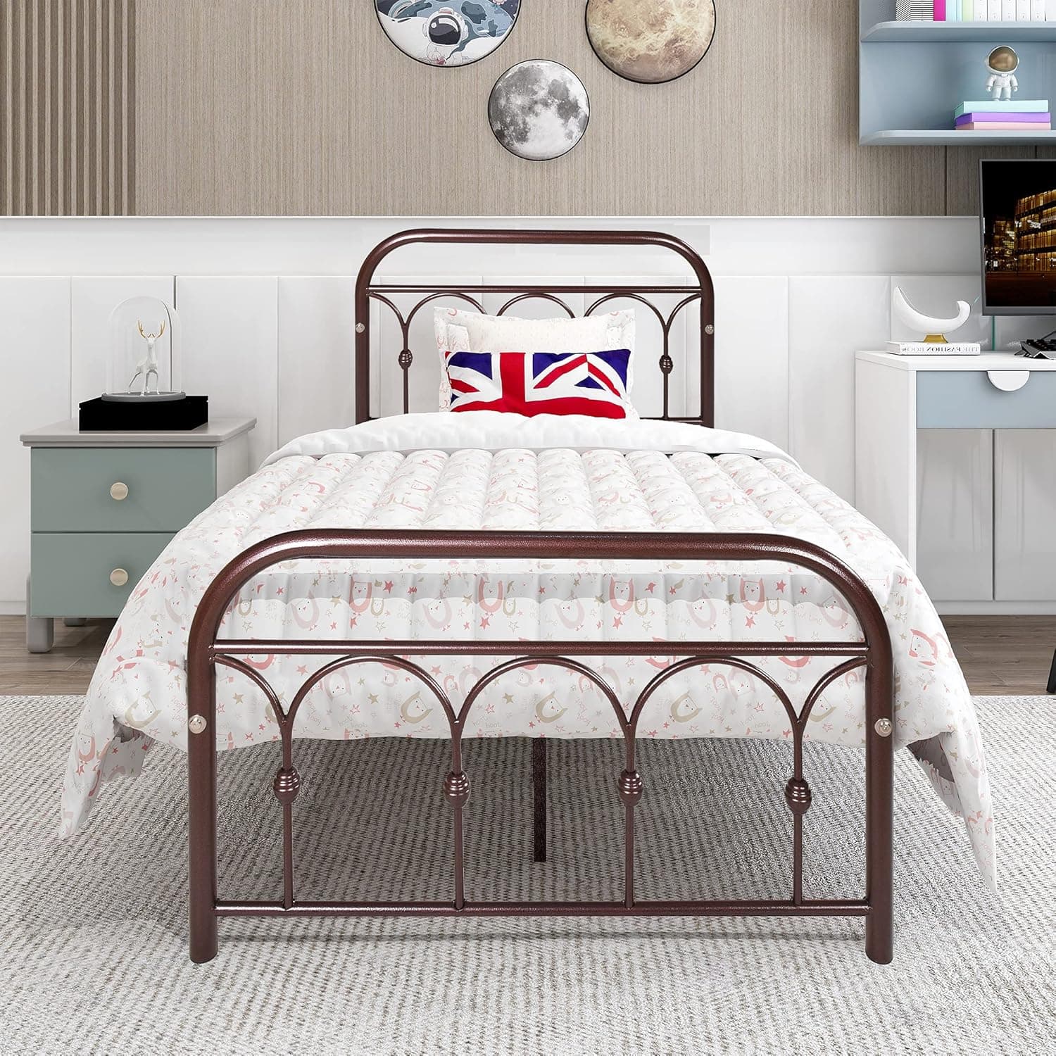 Albearing Twin Size Metal Platform Bed Frame Heavy Duty with Headboard Steel Slat Support, (Twin, Brown)