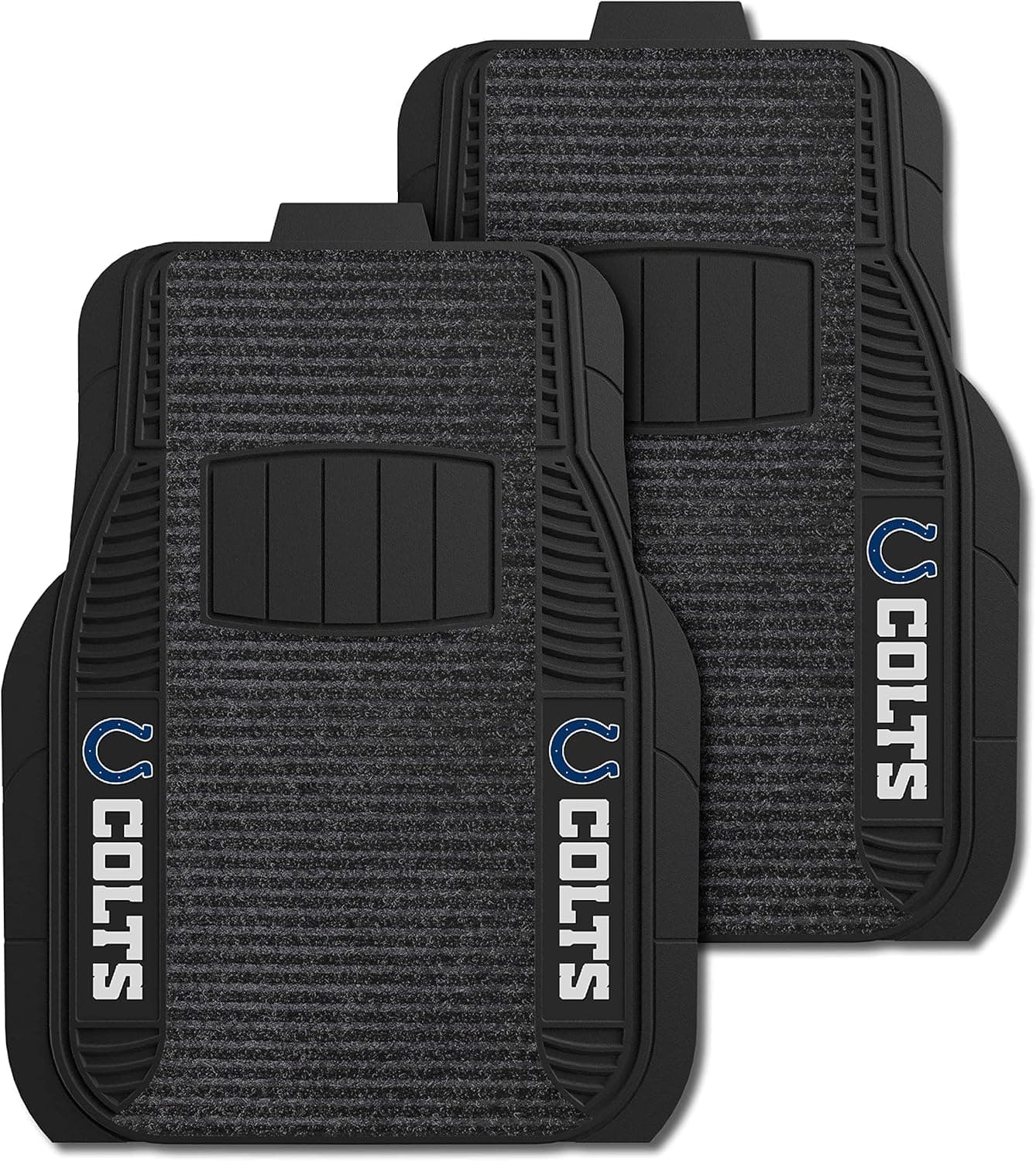 FANMATS 13792 Indianapolis Colts 2-Piece Deluxe Car Mat Set, Vinyl Trim and Colored Team Logo, Dual Rib Charcoal Carpet, Trimmable Edges, 20" x 27"