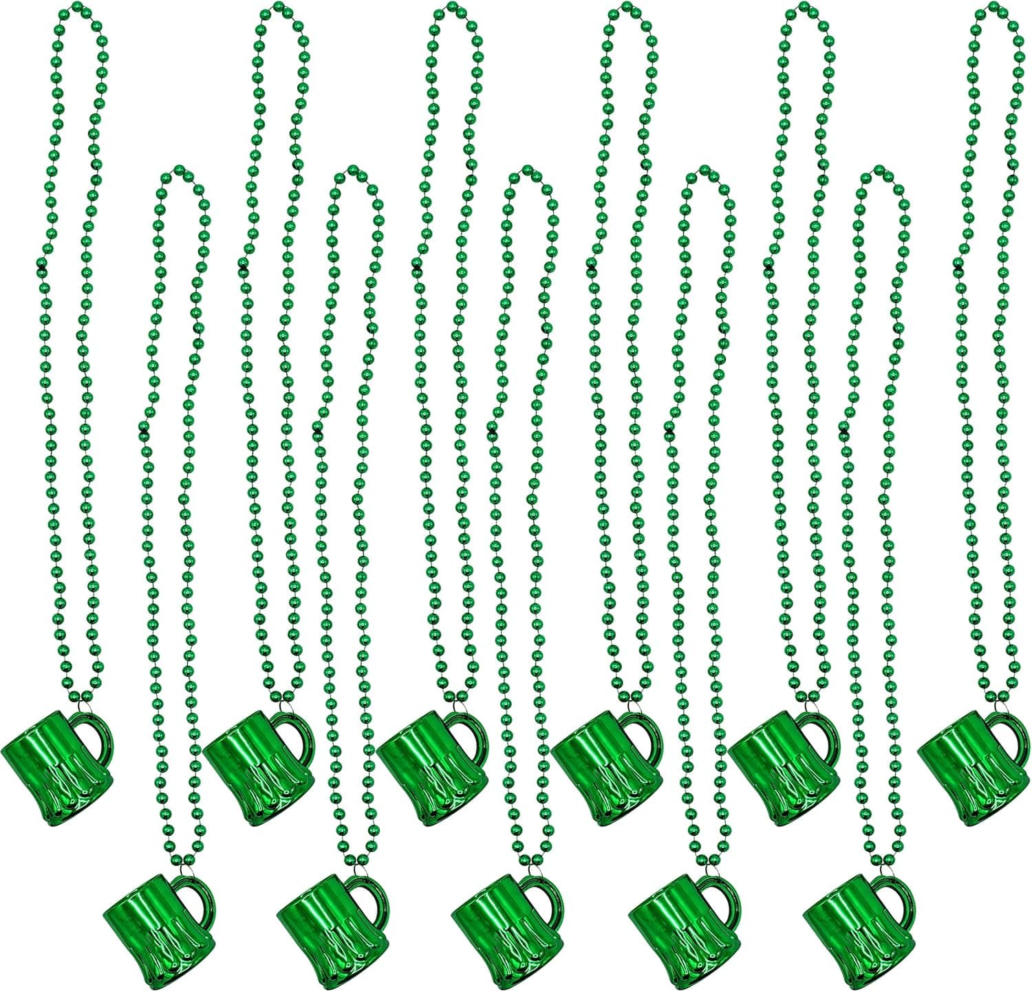4E's Novelty St Patricks Day Beads Necklace With Shot Glasses Beer Mug (Pack of 12) Metallic Green Irish Gifts Party Favors Supplies, Costume Accessories