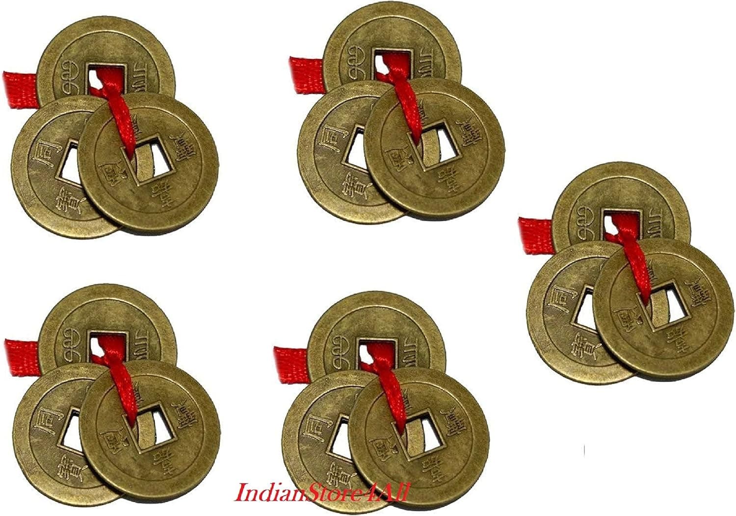IndianStore4All Chinese Fortune Coins Feng Shui Coins I-Ching Coins Traditional Coins with Red String for Wealth and Success Set of 15