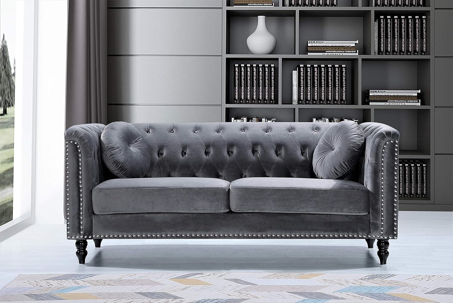 Container Furniture Direct Kittleson Upholstered 75 Velvet Chesterfield Sofa for Living Room, Apartment or Office, Mid Century Modern Couch With Diamond Tufts and Nailhead Accent, 75.98", Grey
