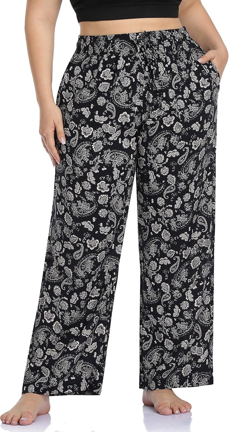 ZERDOCEAN Women's Plus Size Casual Pants Printed Drawstring Boho Palazzo Lounge Pants Wide Leg 468 1X