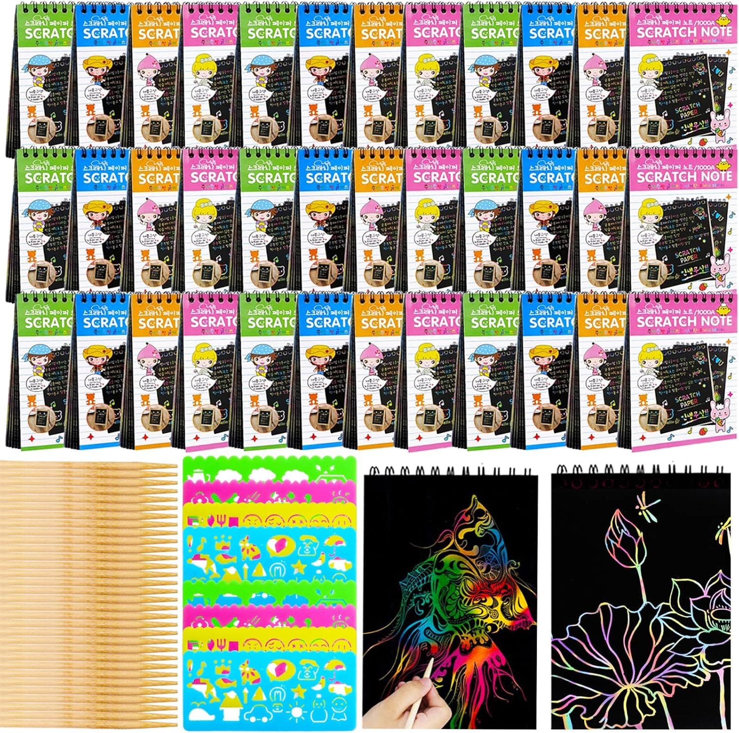 36 Pack Rainbow Scratch Arts Notebooks,Scratch Note Pads for Kids Rainbow Scratch Paper,46 Wooden Stylus and 8 Drawing Stencils