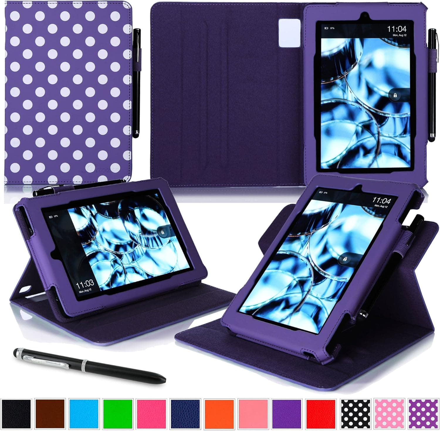 rooCASE YM-FIRE-HD714-DV-DOT-PR Dual View Folio Case with Sleep / Wake Smart Cover and Multi-Viewing Stand for Fire HD 7 Tablet - Polkadot Purple
