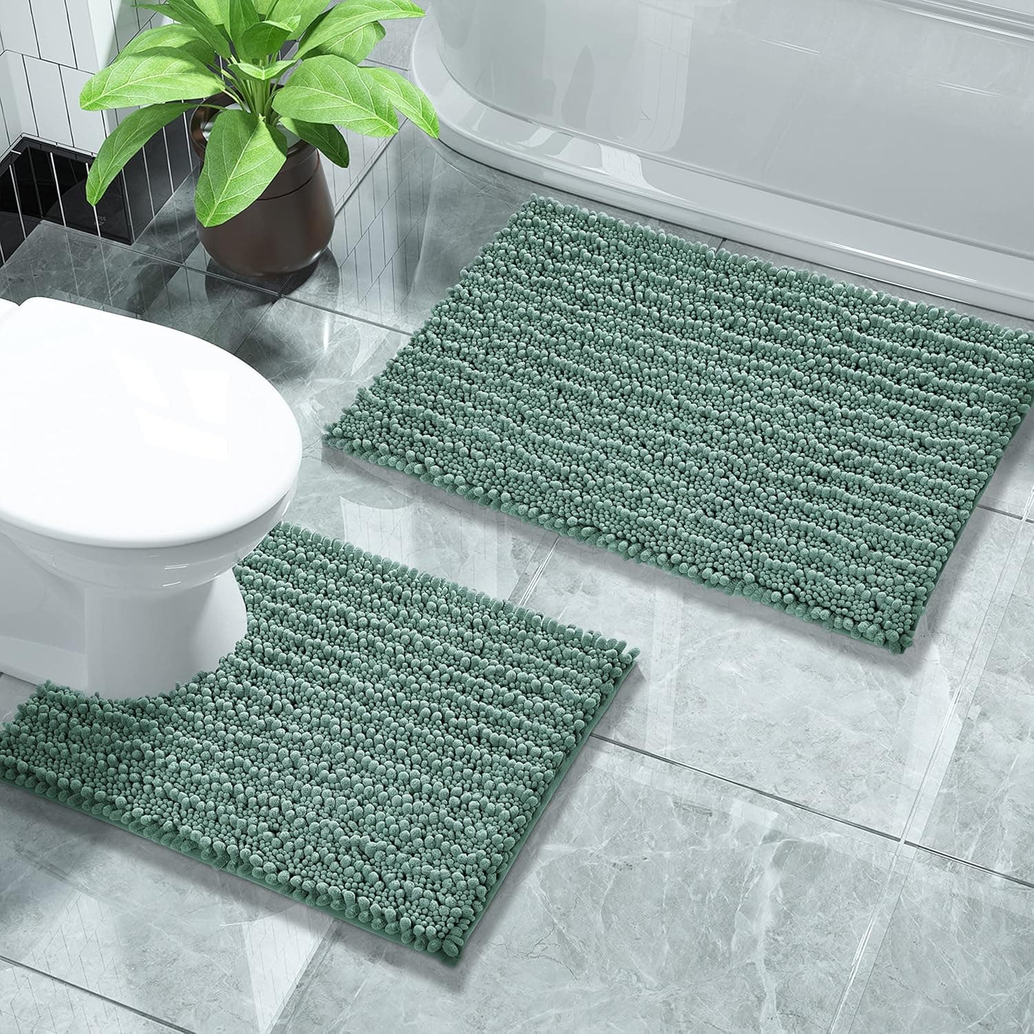 Yimobra Bathroom Rugs Sets 2 Piece, Luxury Fluffy Chenille Toilet Rugs U Shaped for Bathroom, Soft Comfortable Non Slip Bath Rug Mat, Machine Washable, 31.5x19.8+24.4x20.4 Inches, Greyish-Green