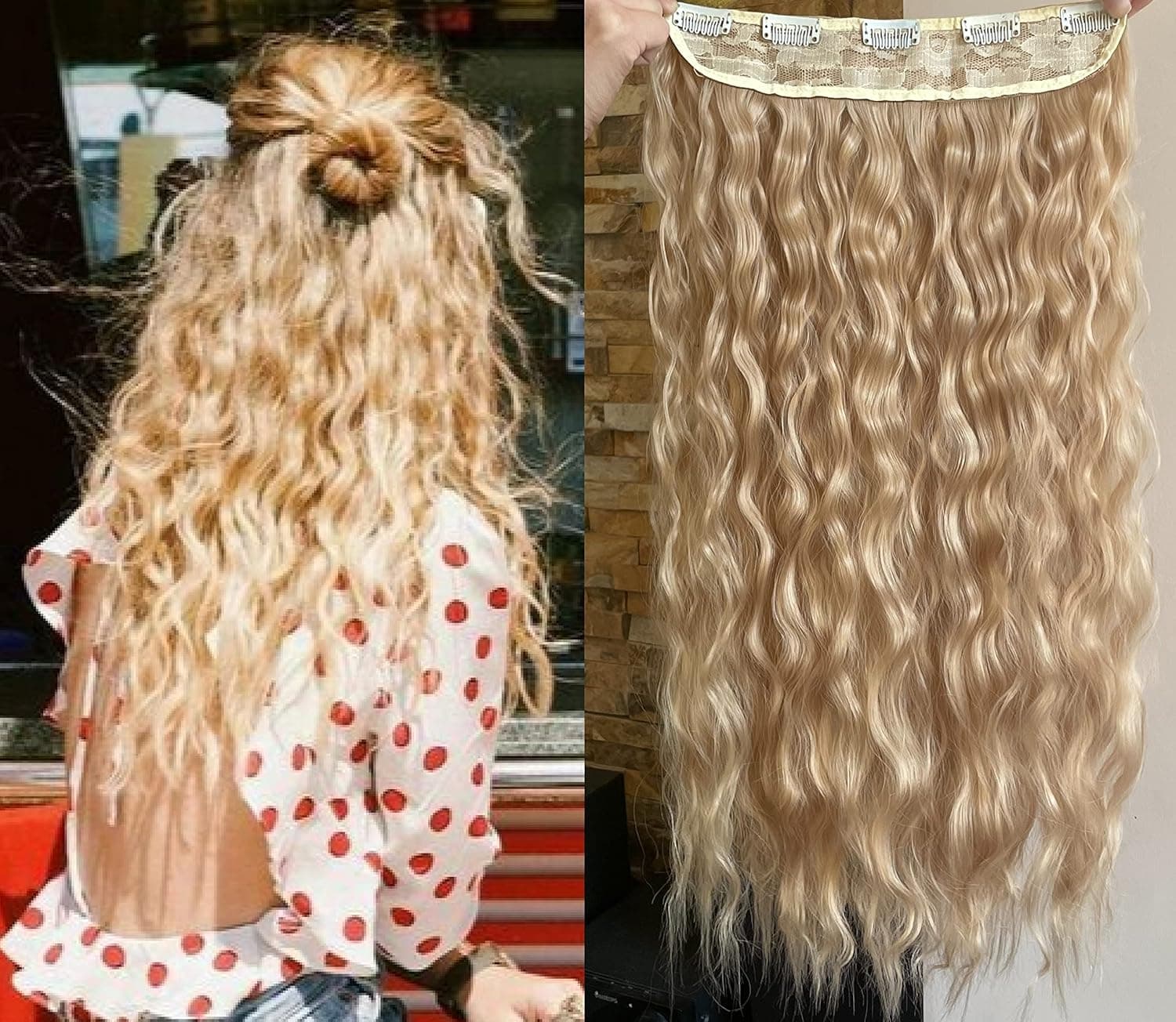Blonde Curly Clip in Hair Extensions 24" Long Thick One Piece Hairpiece for Women Girl (24 inch curly, Sandy blonde)