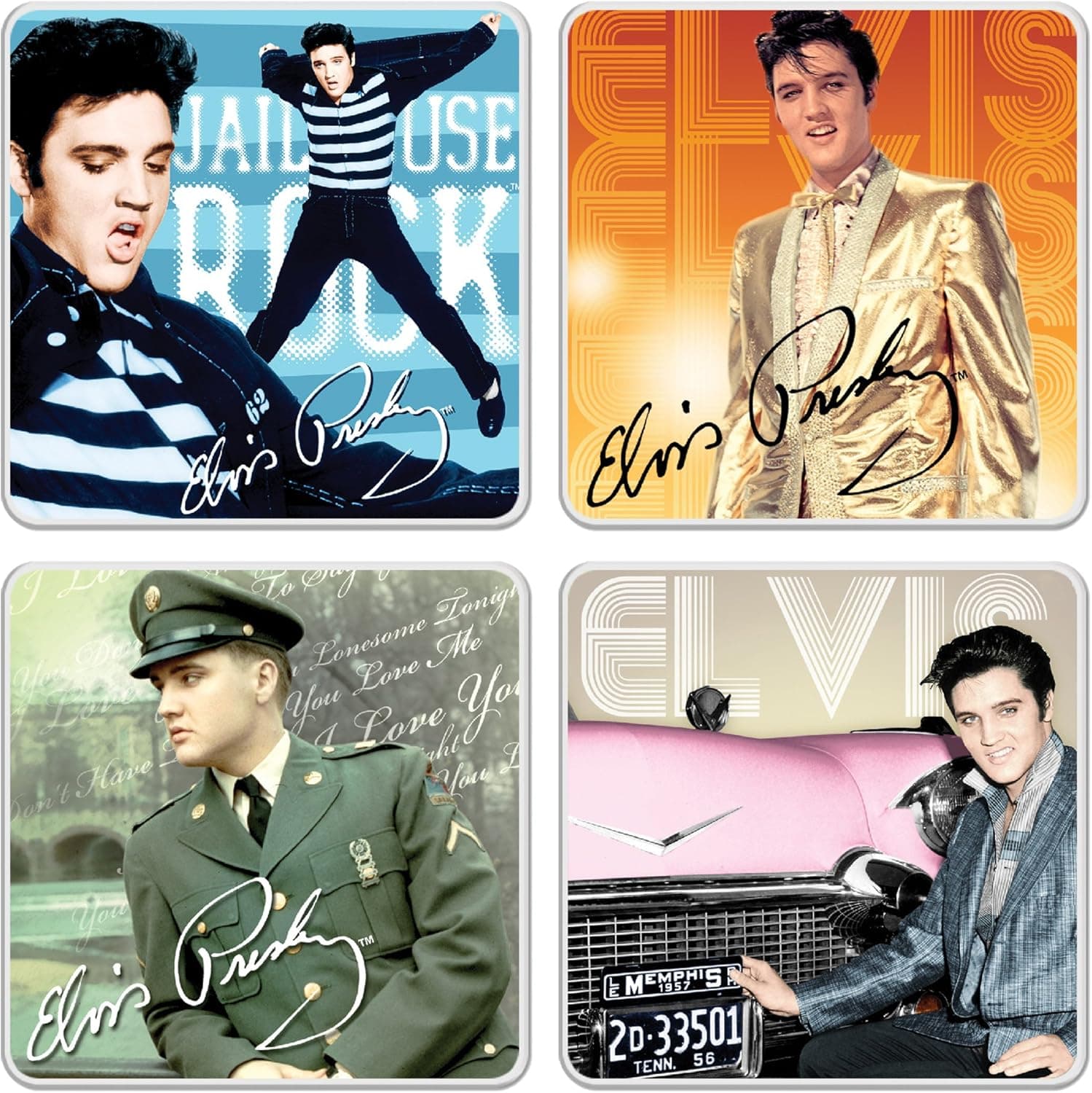 Vandor Elvis Presley 4 Piece Ceramic Coaster Set, 3.75 x 3.75 x .25 Inches