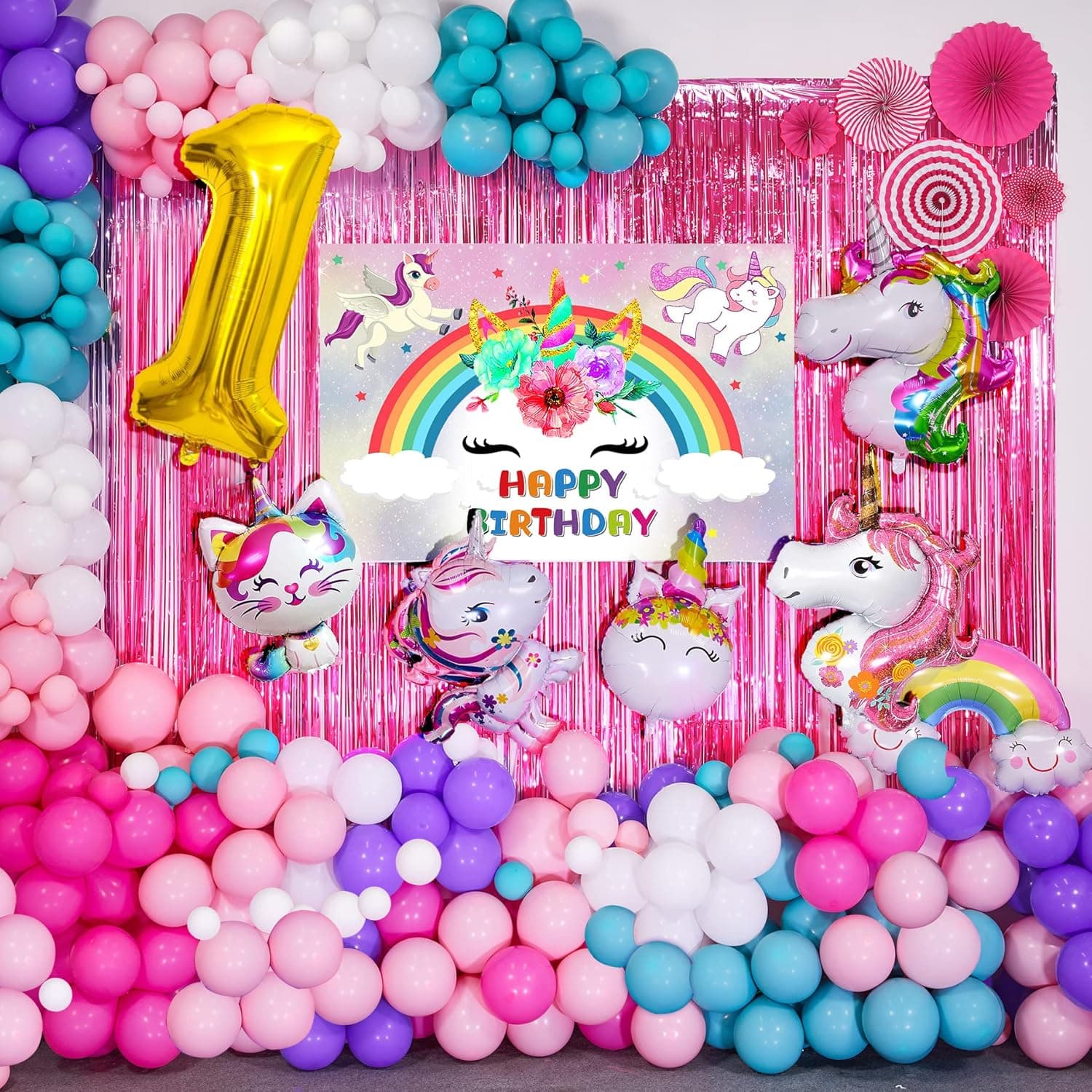 Unicorn 1st Birthday Decorations for Girls Set Including Giant Gold 40 inch number 1 Balloon, Rainbow Unicorn Backdrop, 6 Big Unicorn Balloons, 90 Latex Balloons, Paper Fan