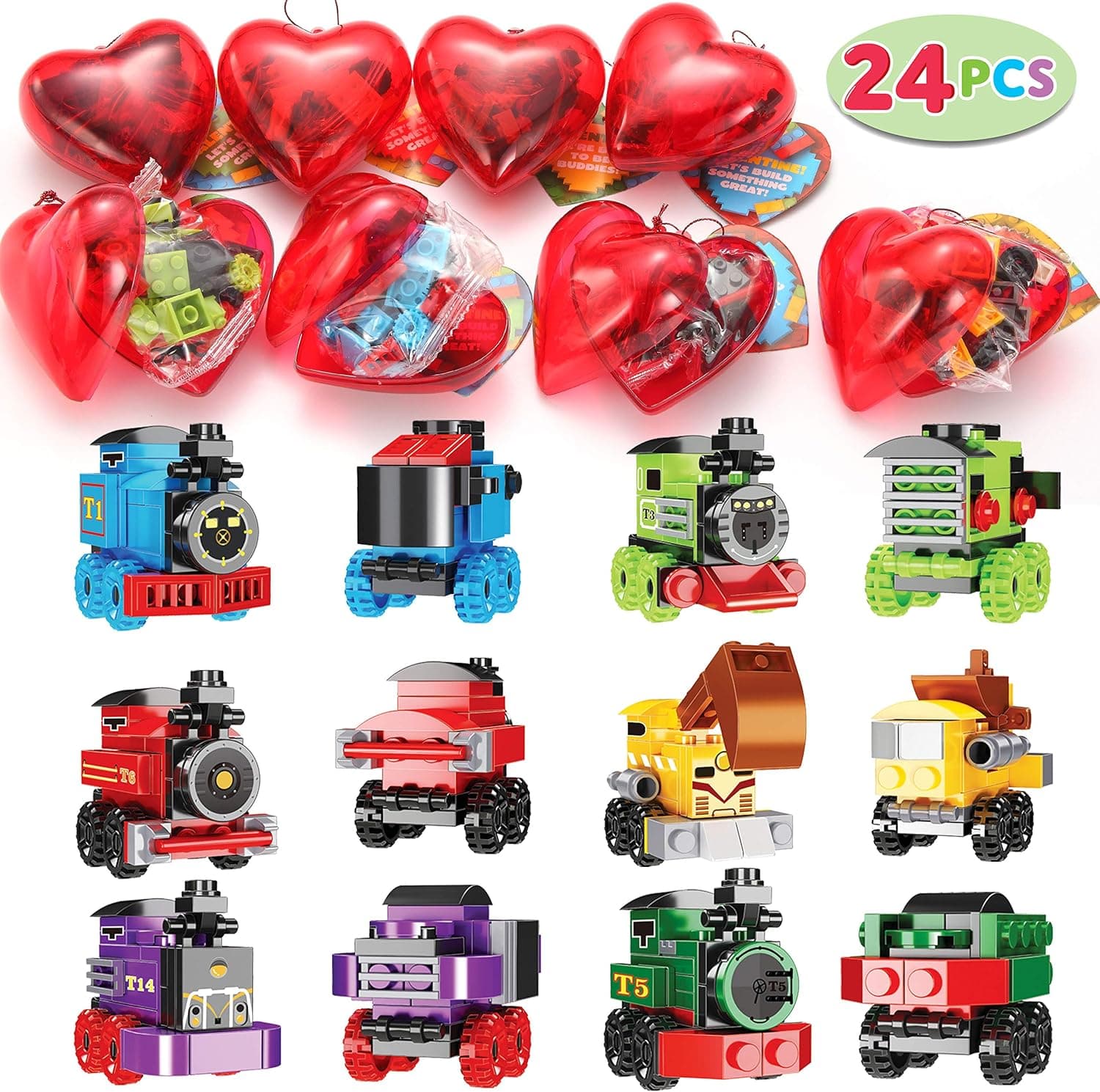 JOYIN Building Blocks Prefilled Hearts with Valentine Day Cards,Valentine Train Toys for Kids Party Favor, Classroom Exchange Prize Supplies, Valentine’s Gifts