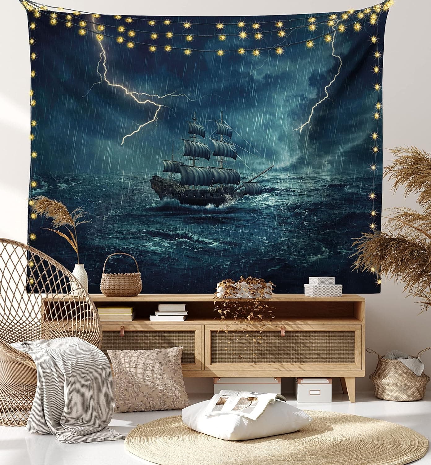 Ambesonne Landscape Tapestry King Size, Stormy and Rainy Weather Waves Vintage Ship Sailing Oil Paint, Wall Hanging Bedspread Bed Cover Wall Decor, 104" X 88", Dark Cadet Blue White