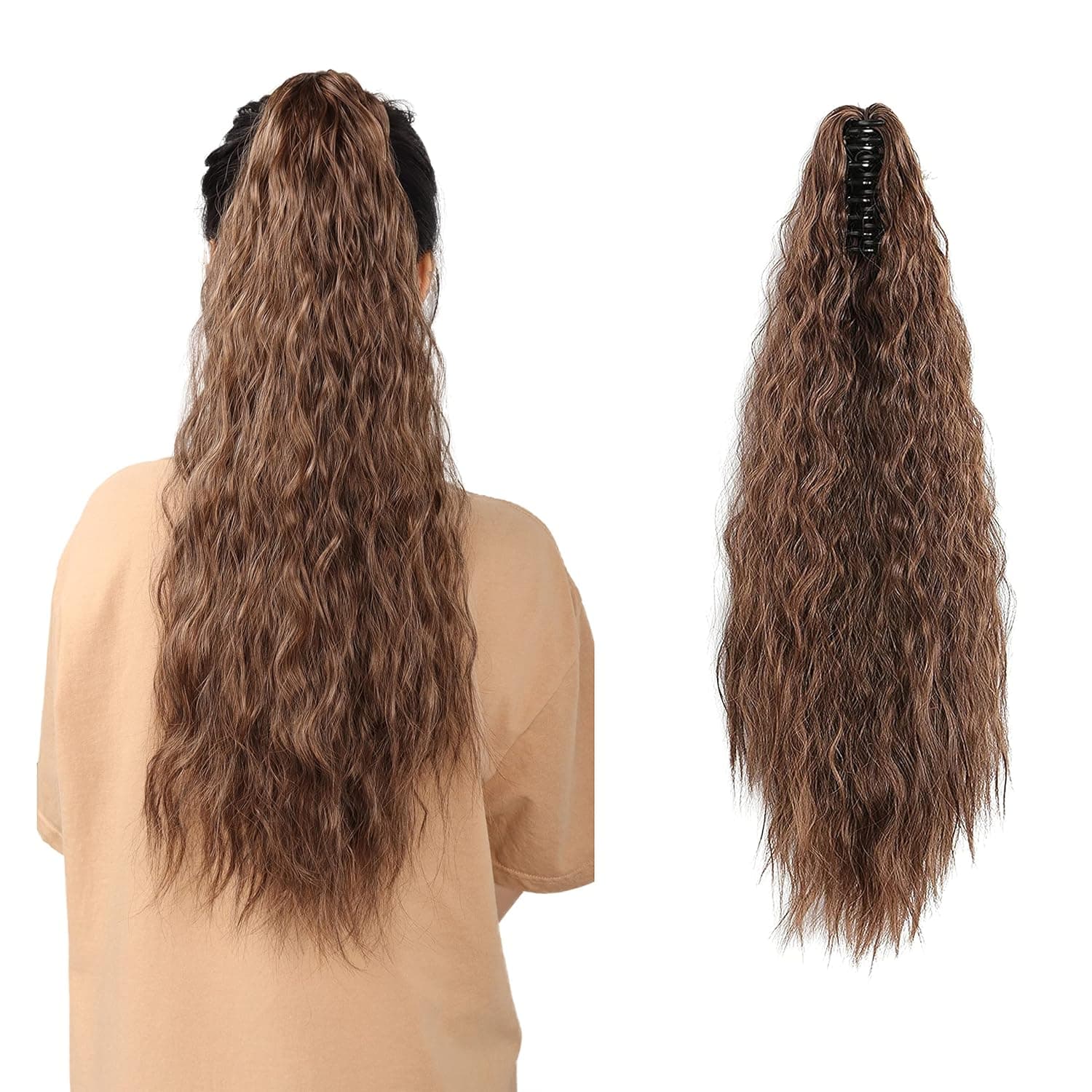 MEIRIYFA Long Corn Wave Ponytail Extension Brown Color Claw Clip Ponytail Hair Synthetic Hairpieces for Women 22Inch (Brown)