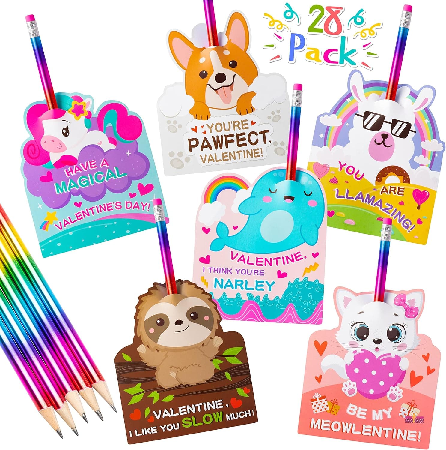 Haooryx 36Pcs Gifts Cards Set with Rainbow Pencil for Kids, Unicorn Dog Greeting Cards for Class Gift Exchange School Classroom Prize Reward Bithday Theme Party Decoration Supplies