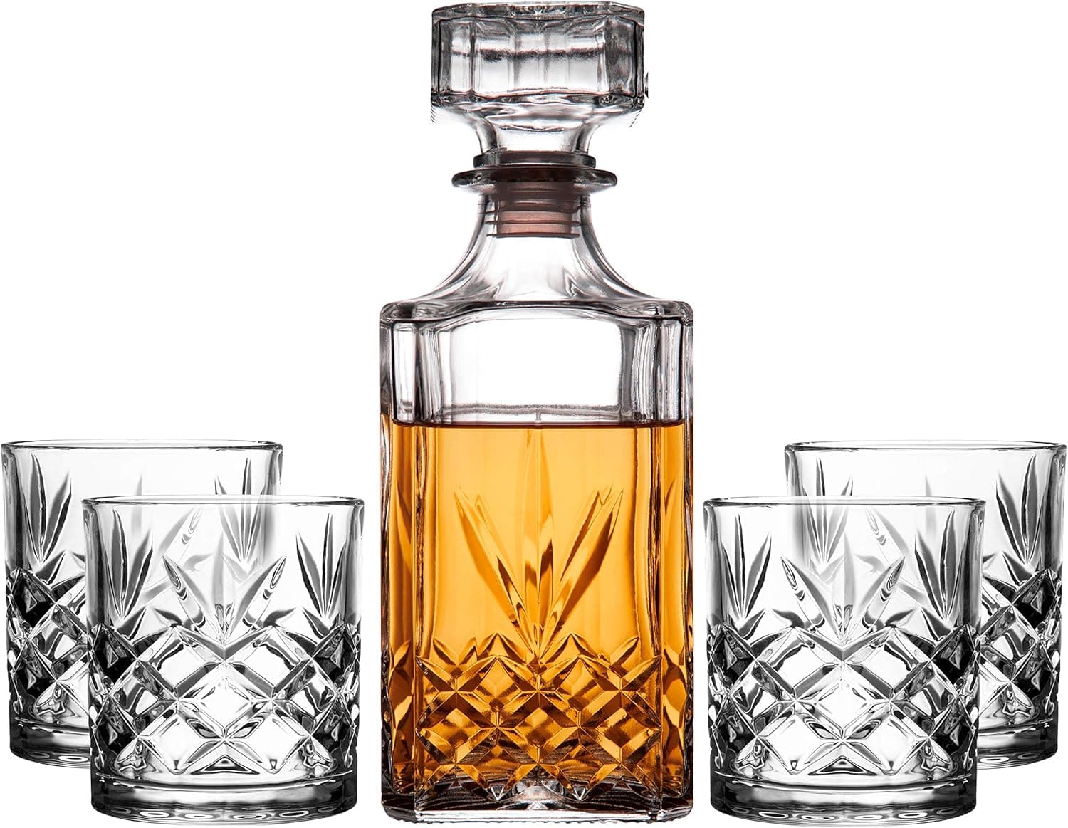 Royalty Art Kinsley Whiskey Glasses Set with Decanter for Scotch, Bourbon, Cognac, and Liquor, Classic 5-Pc. Glass Bundle for Serving Alcohol, Pull Top Drink Stopper