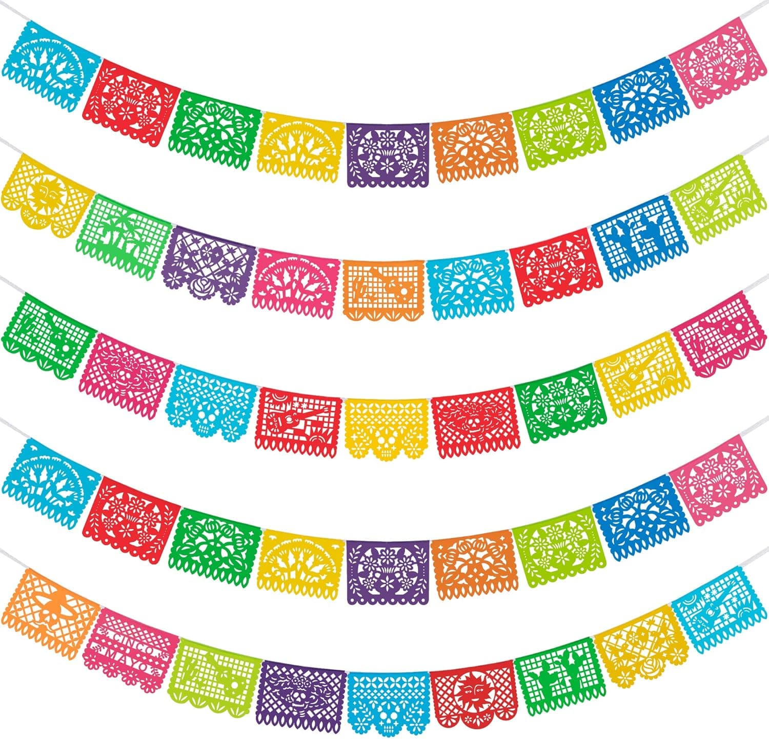 HOOJO 5 Packs 82 Ft Mexican Party Banners, Papel Picado Banner, Cinco de Mayo, Fiesta Party Decorations, Dia De Los Muertos Decor, Day of the Dead Decorations, 12 Patterns 82 Feet Long in Total