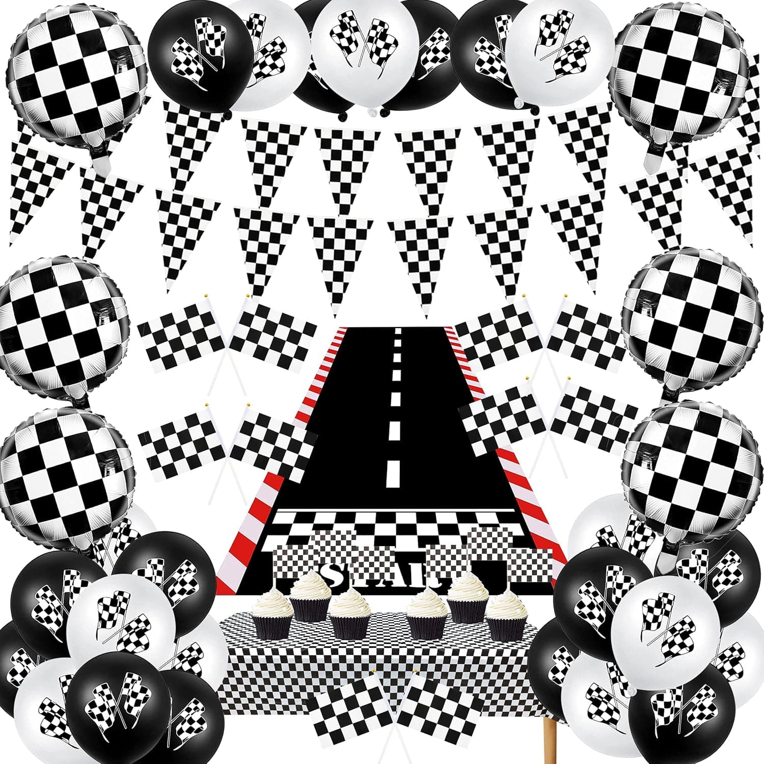 Racing Car Party Supplies Set,Racetrack Floor Running Mat,Plastic Table Covers, Racing Pennant Banner,Black and White Racing Stick Flag,Latex Balloons,Racing Car Cake Topper,For Let's go Racing Theme Sports Event Party Decoration