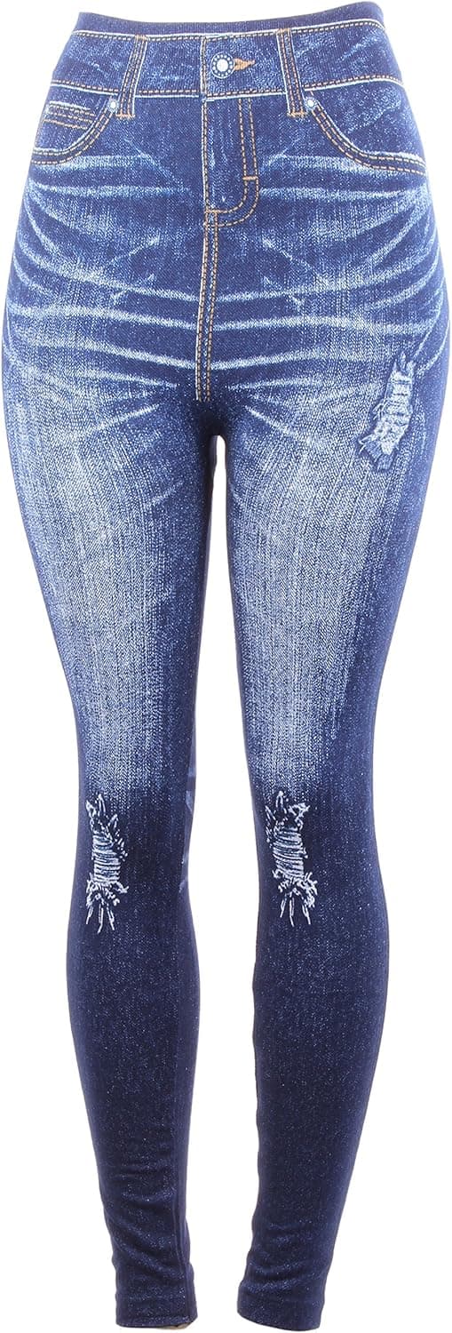 Enimay Women's Jean Look Leggings Tights Pants Plus Size Fashion Rips Ripped Hot Stuff Blue One Size