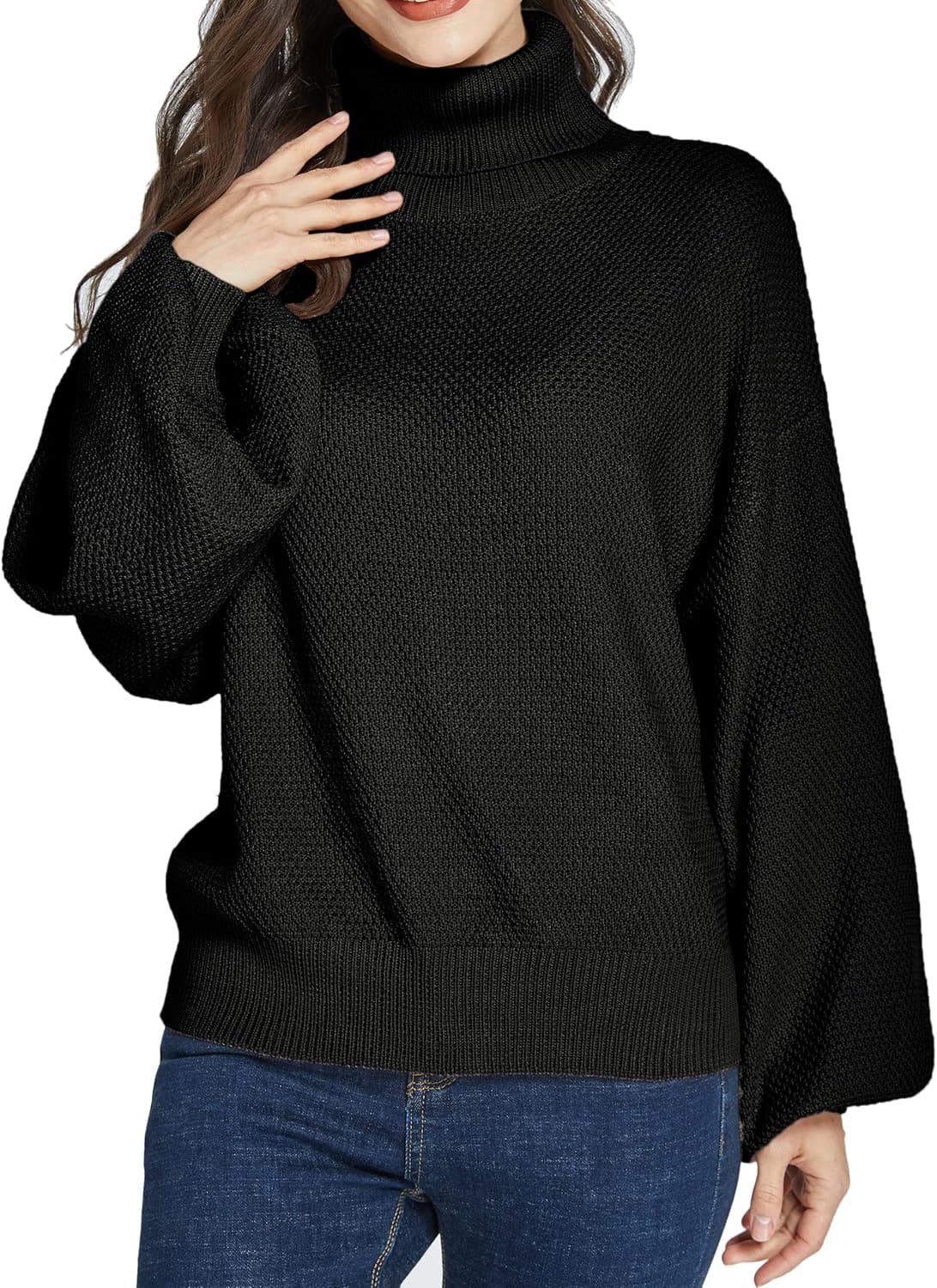 SSLR-Oversized-Sweaters-for-Women-Turtleneck Sweaters Drop Shoulder Pullover Knit Long Lantern Sleeve Casual