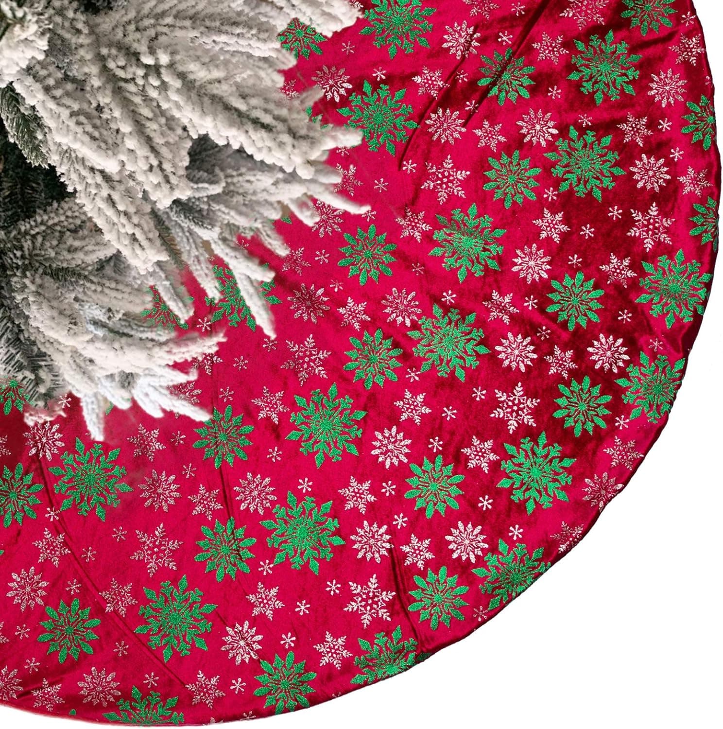 BUVANE Christmas Tree Skirt,48 inches Large Xmas Tree Skirts with Snowy Pattern, Double Layers Xmas Tree mat for Christmas Tree Decorations( Burgundy)