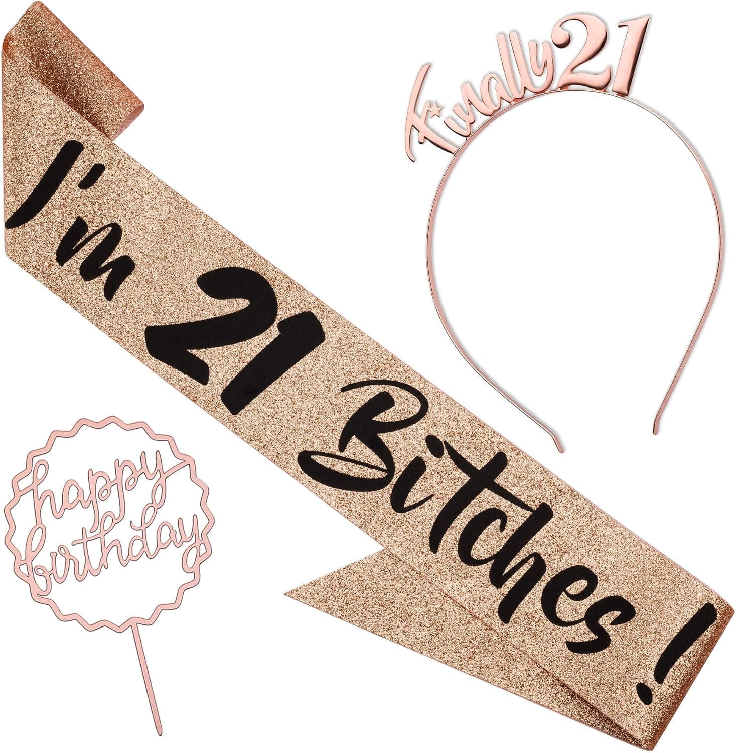 CORRURE 'I'm 21 Bitches' Glitter Birthday Sash and Headband - Rose Gold Glitter and Tiara Headband for You To Stand Out and Look Stunning - Ideal 21st Birthday Sash for a Great Party