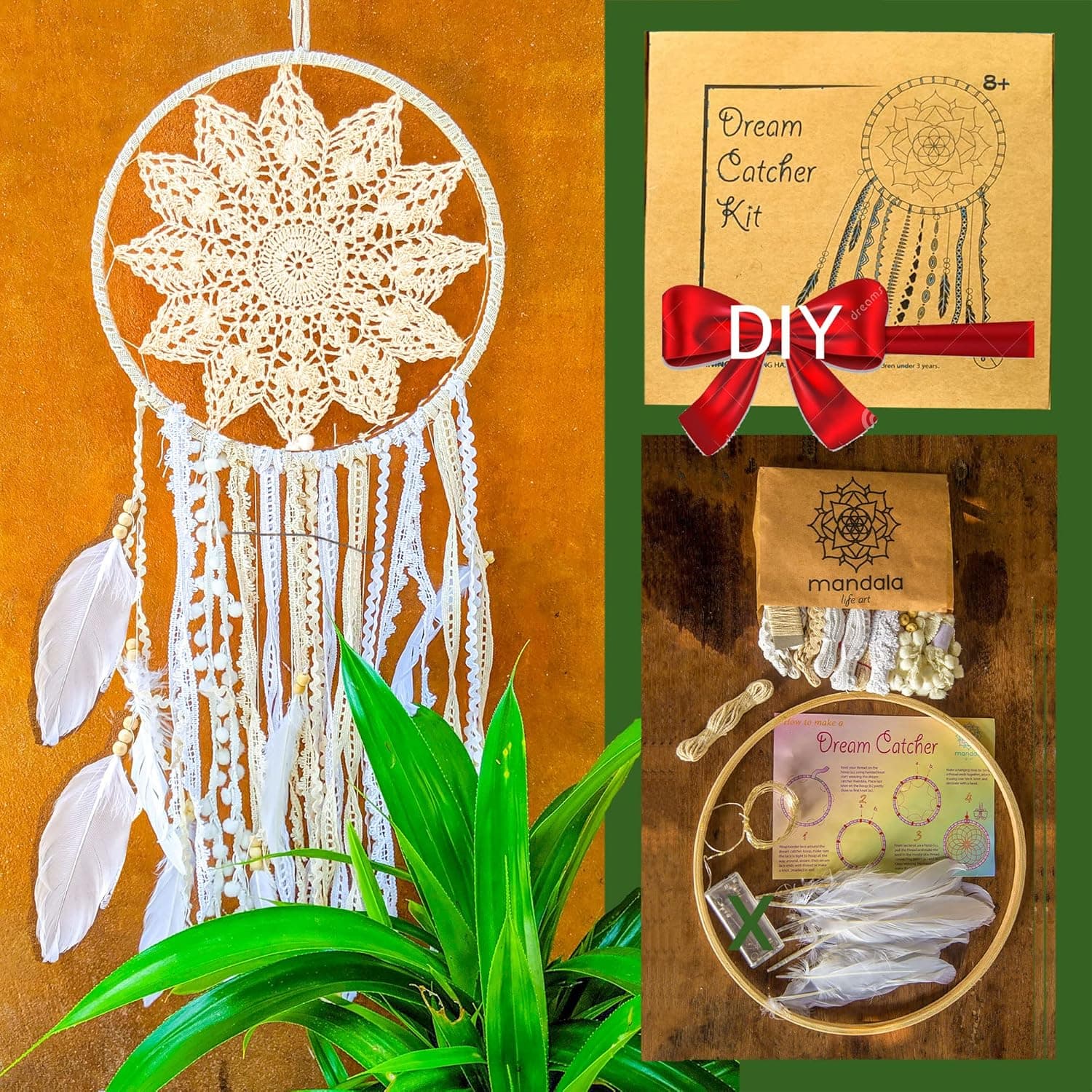 Mandala Life ART DIY Dreamcatcher Kit - Creative Activity Set 10x28 inches - Make Your Own Bohemian Wall Hanging with All-Natural Materials - Includes Premium Lace, Yarn, Feathers and Wooden Hoop