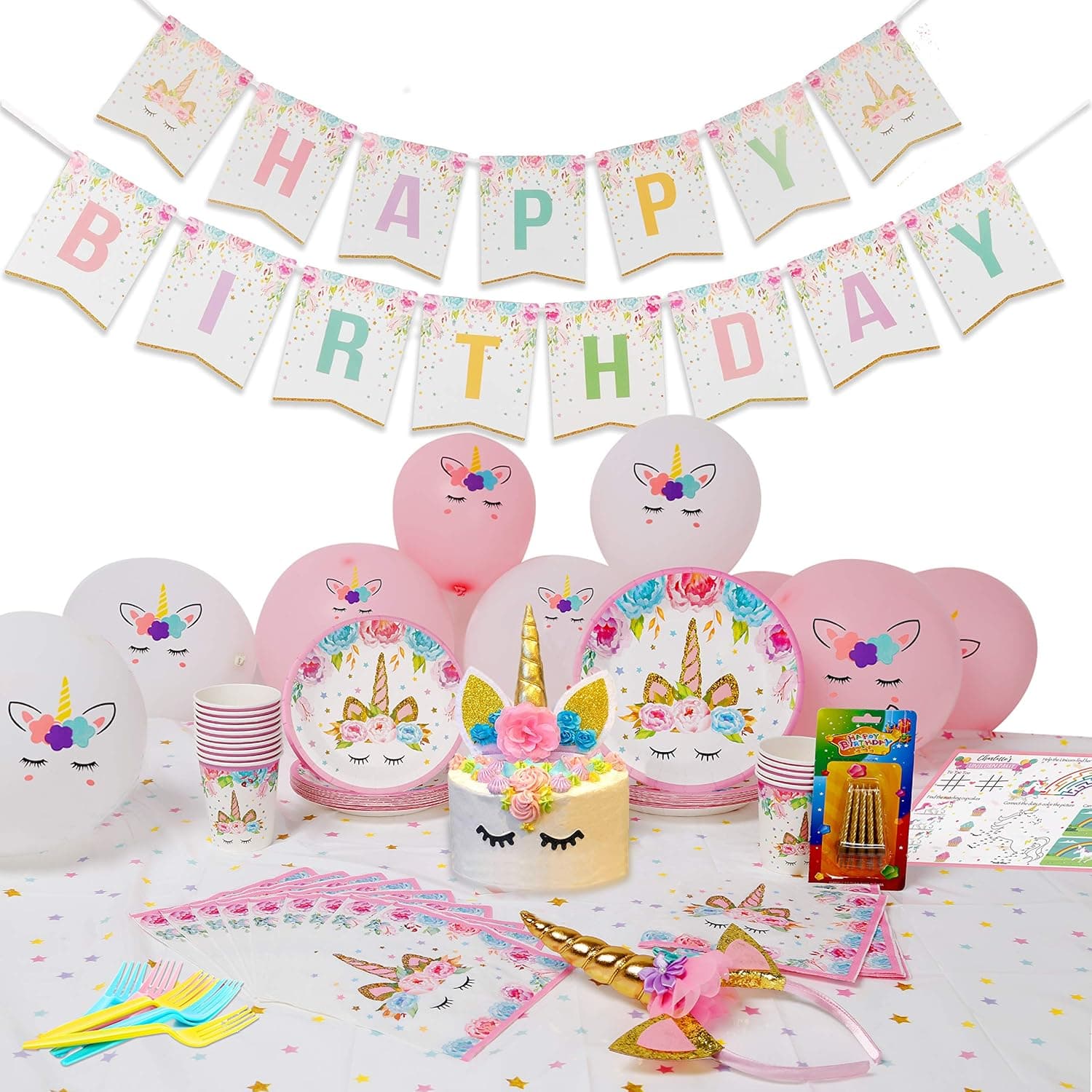 Unicorn Party Supplies for Girls | Unicorn Birthday Party Supply Decoration Set for 16 Magical Guests with Unique Printable Unicorn Activity Sheet
