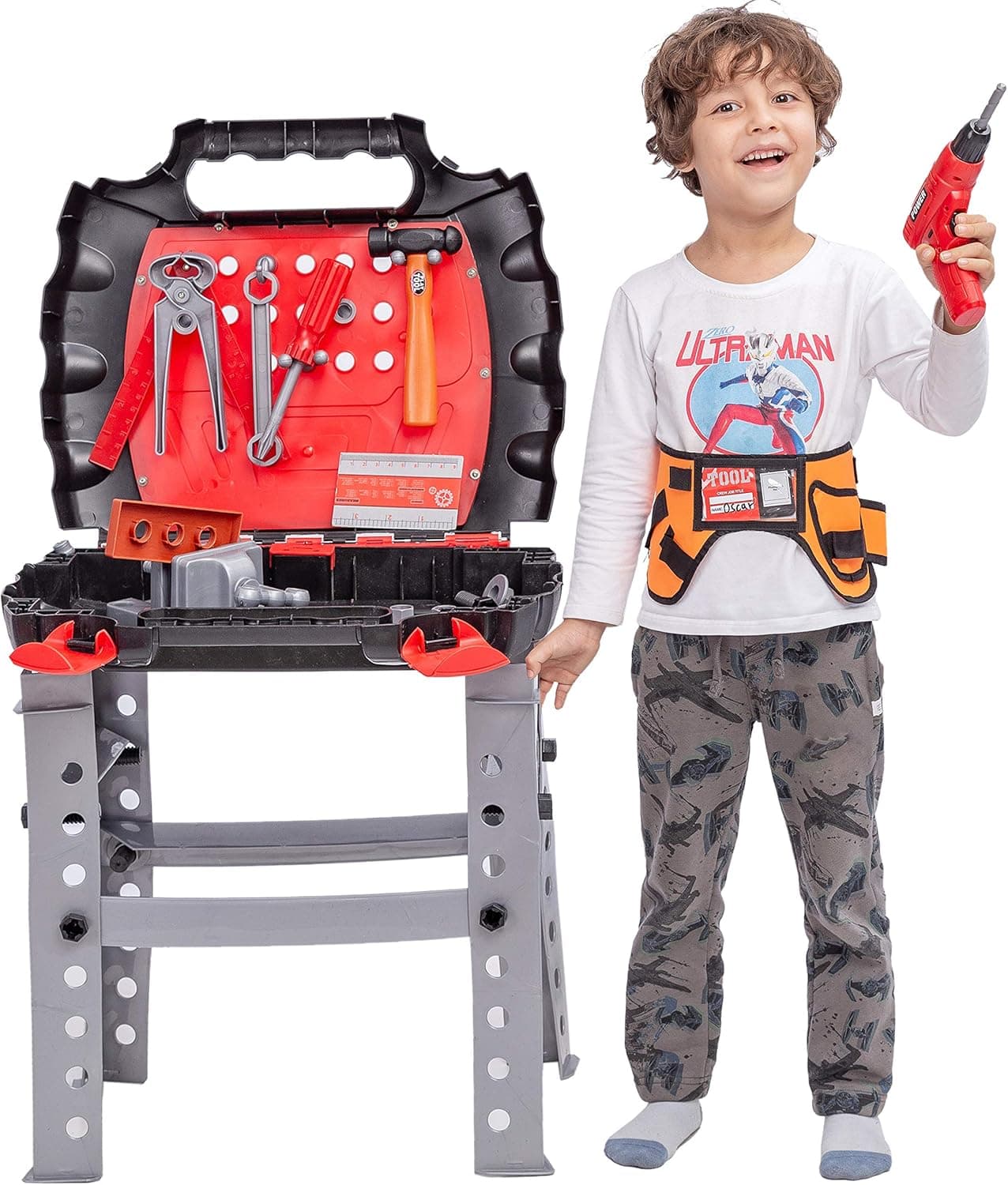 JOYIN 55 Pieces Workbench Tools Bench Toy Playset Kids Tool Work Shop Toy with Realistic Construction Tool and Accessories for Construction Workshop, Tool Bench Pretend Play