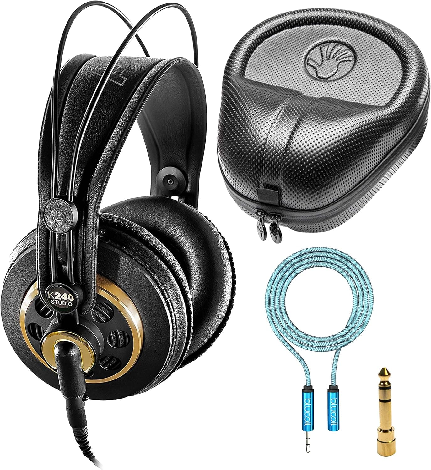 AKG K240 Studio Over-Ear Semi-Open Professional Headphones Bundle with Blucoil 6-FT Headphone Extension Cable (3.5mm), and Full-Sized HardBody Pro Headphone Case
